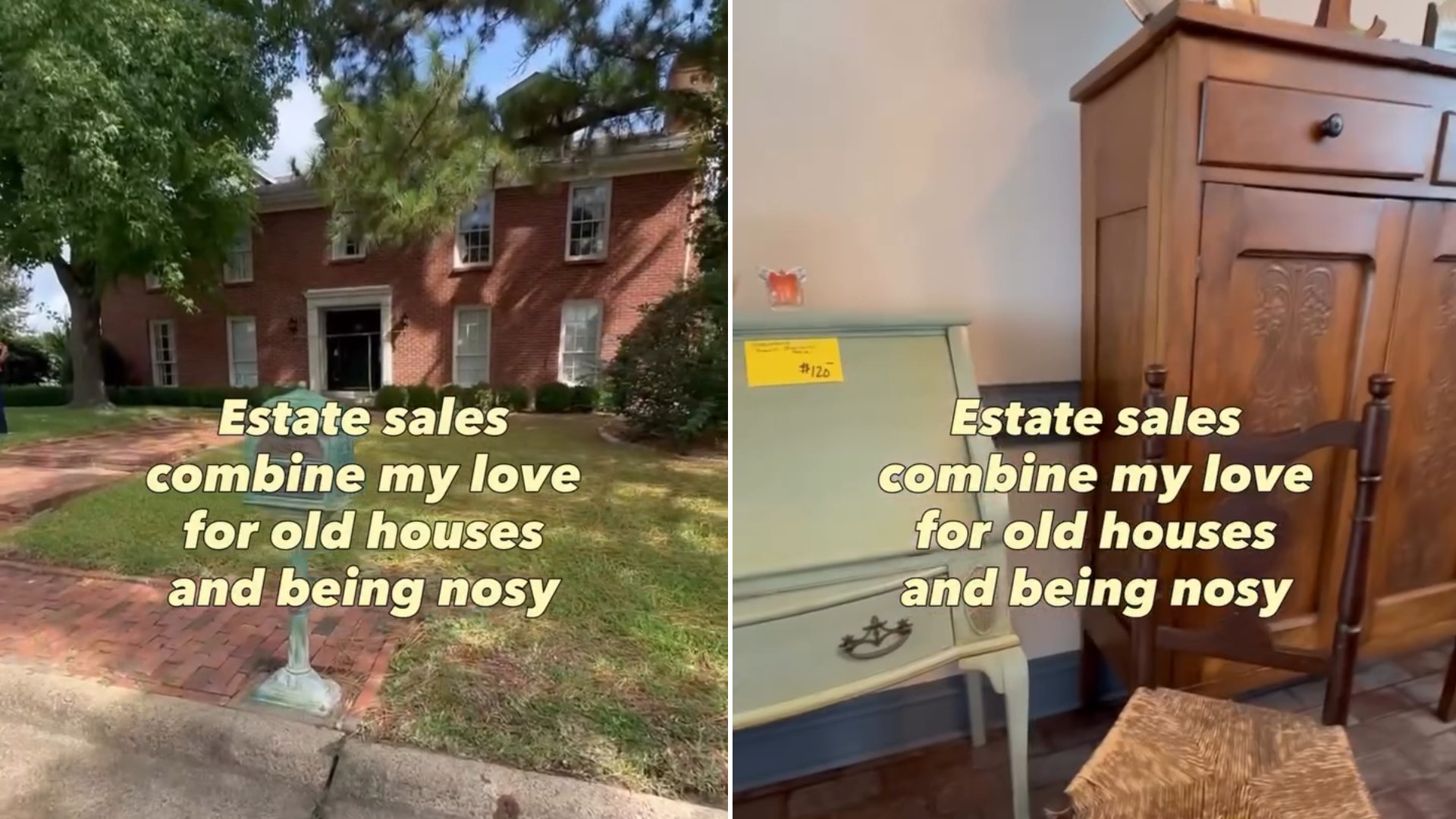 Two frames from the vintagerewindtx Instagram reel: left, the brick house hosting the Dallas estate sale; right, antique wooden furniture inside, both with the caption Estate sales combine my love for old houses and being nosy