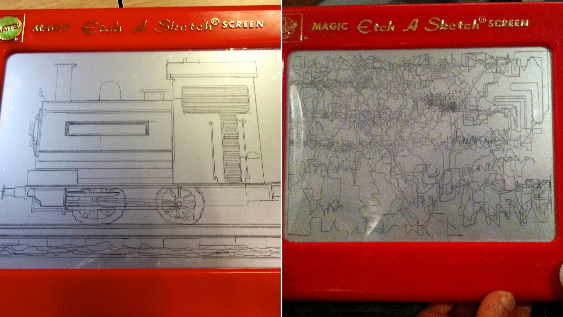 Two classic red Etch A Sketch toys, one with a locomotive drawing on its screen