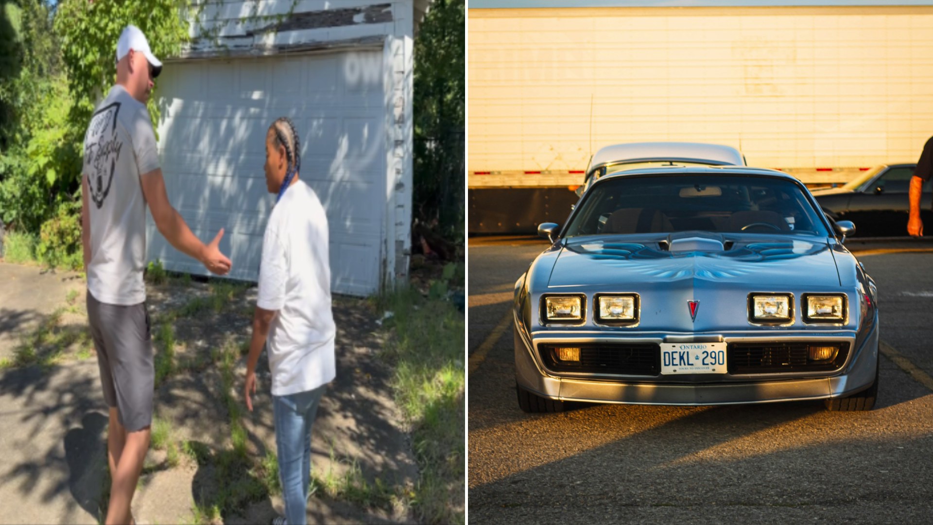 Father and daughter walking toward a garage in a TikTok video, next to a classic blue Pontiac Firebird