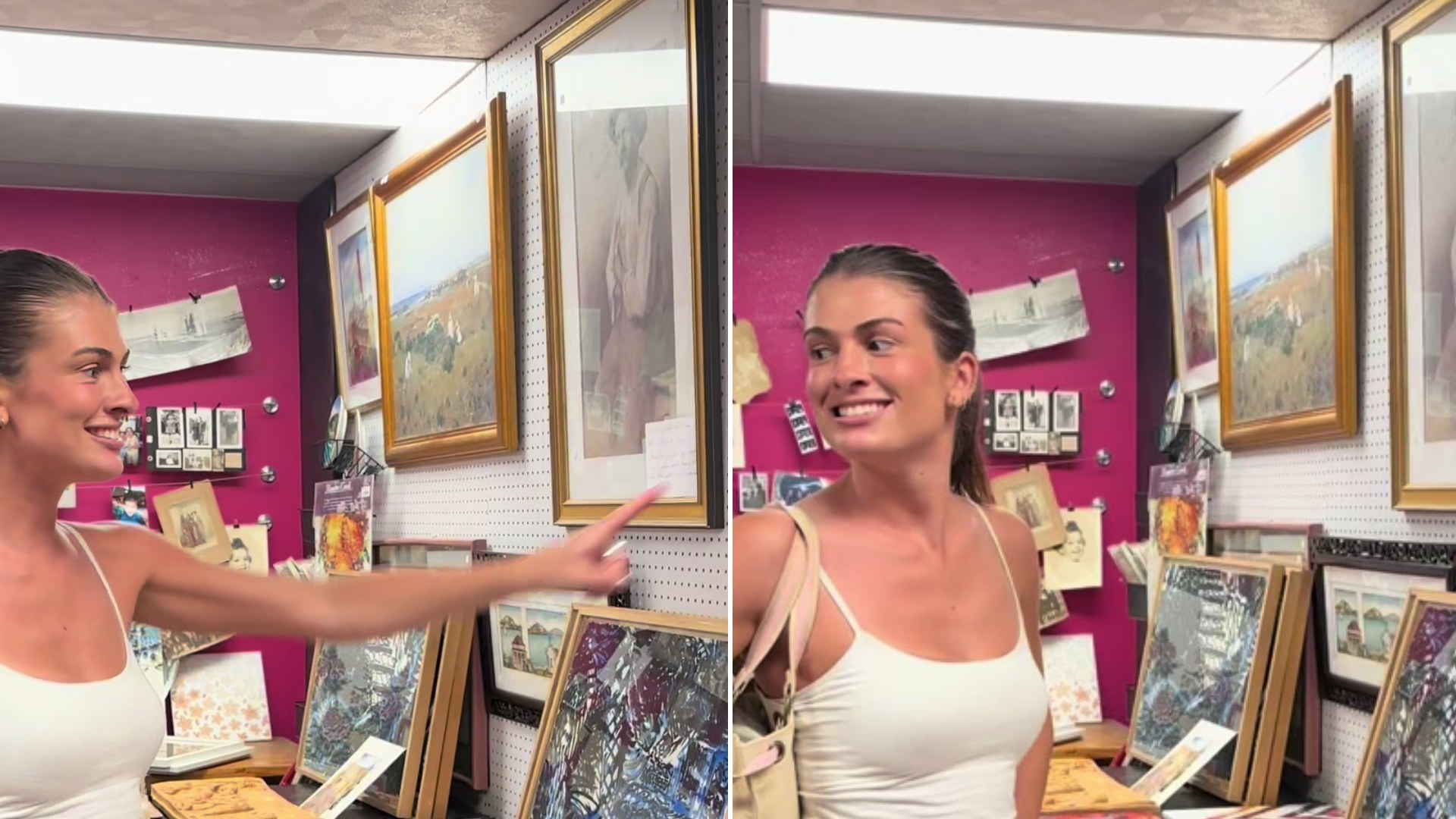 Split image from a TikTok: a woman in a white tank top points at a framed picture on the wall of a thrift store with a pink wall, next to her laughing in surprise in the same store