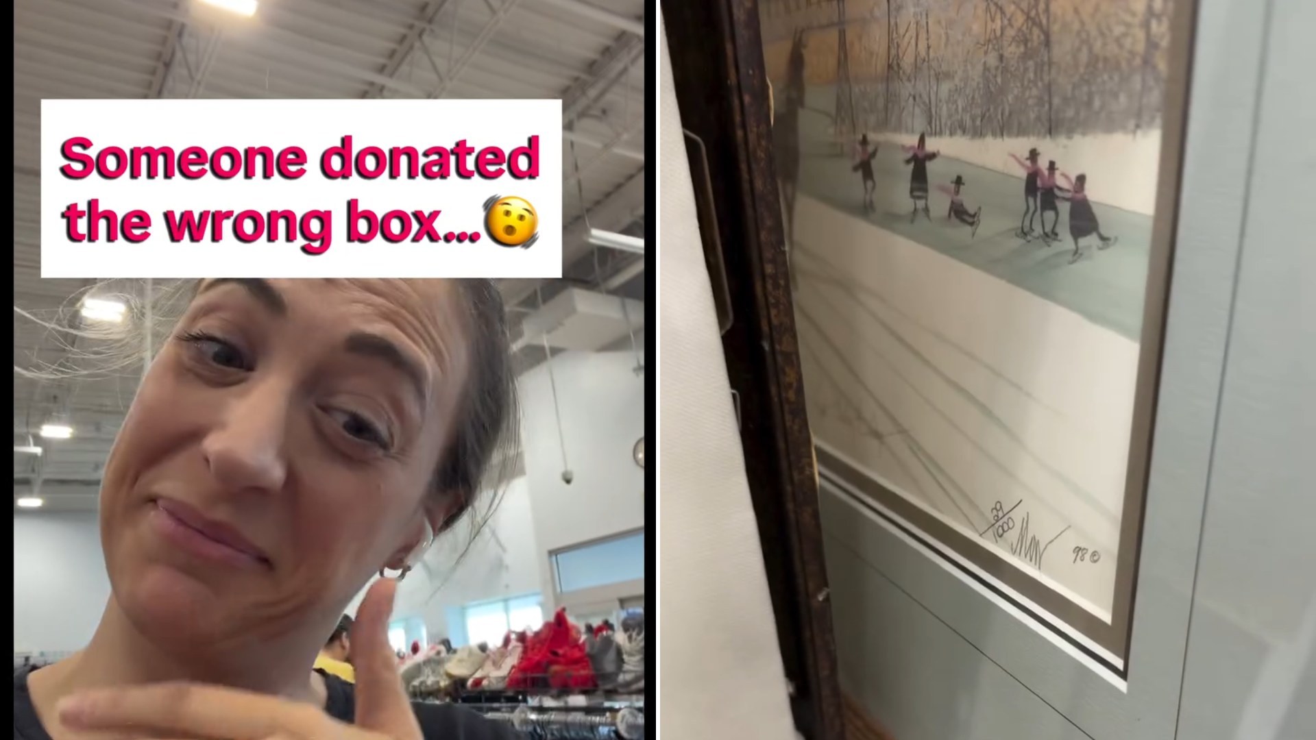 Reseller reacting to a donation mix-up at a thrift store, next to the framed winter skating scene print that turned out to be worth real money