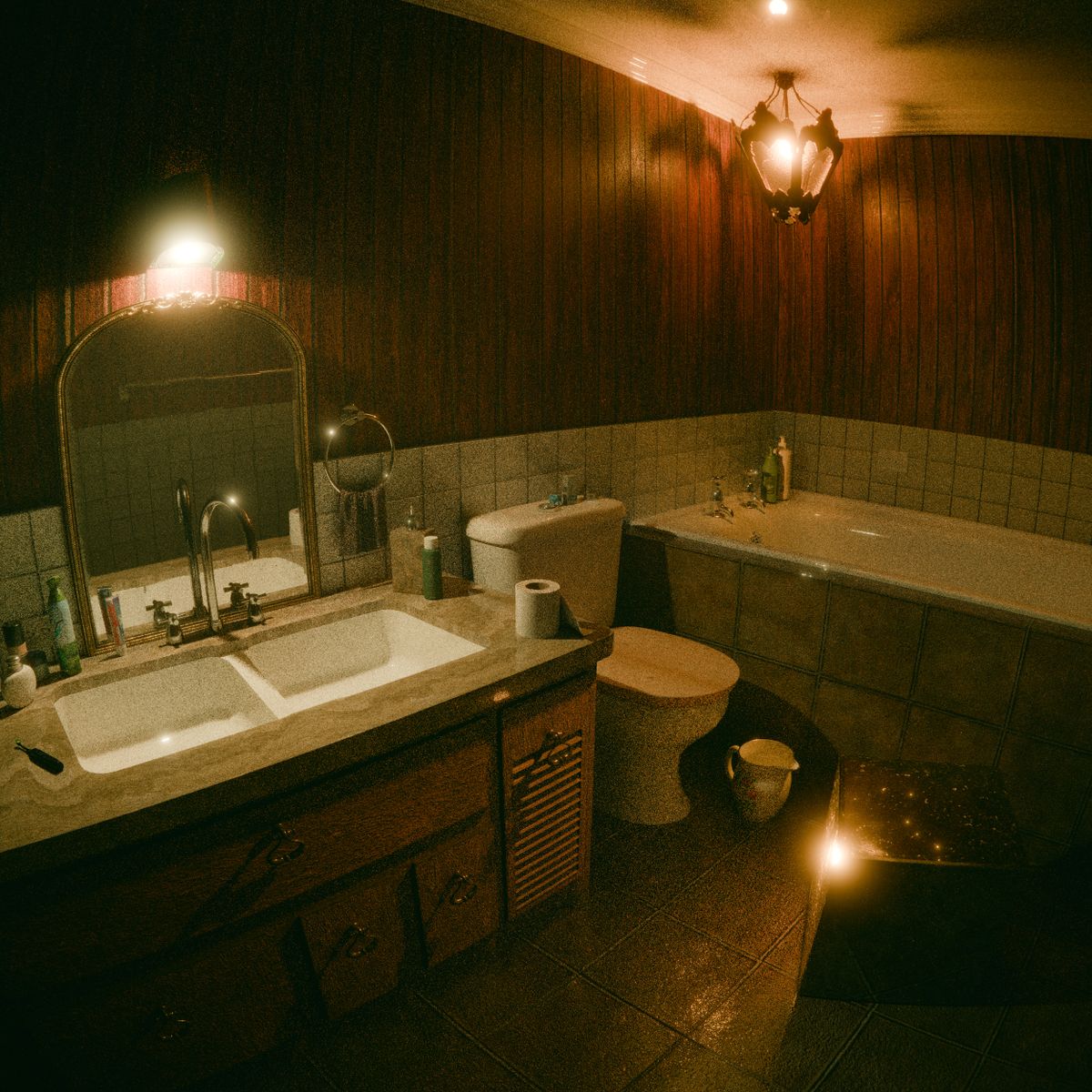 Warm and vintage-style bathroom with wooden paneling and ambient lighting.