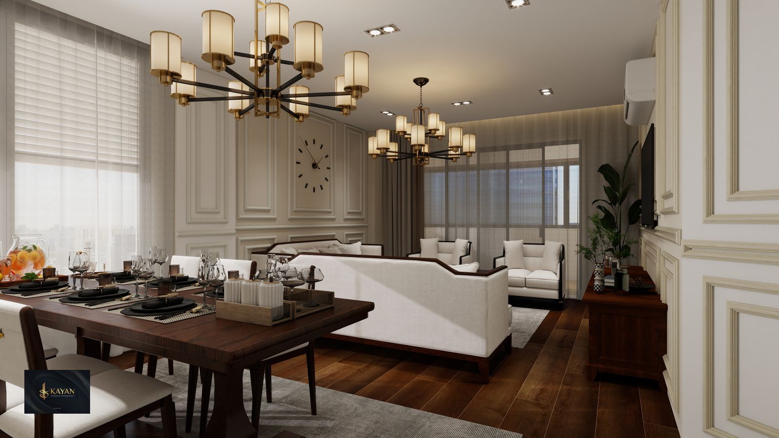 Luxurious dining and living room with chandelier lighting, minimalistic decor, and elegant furnishings.
