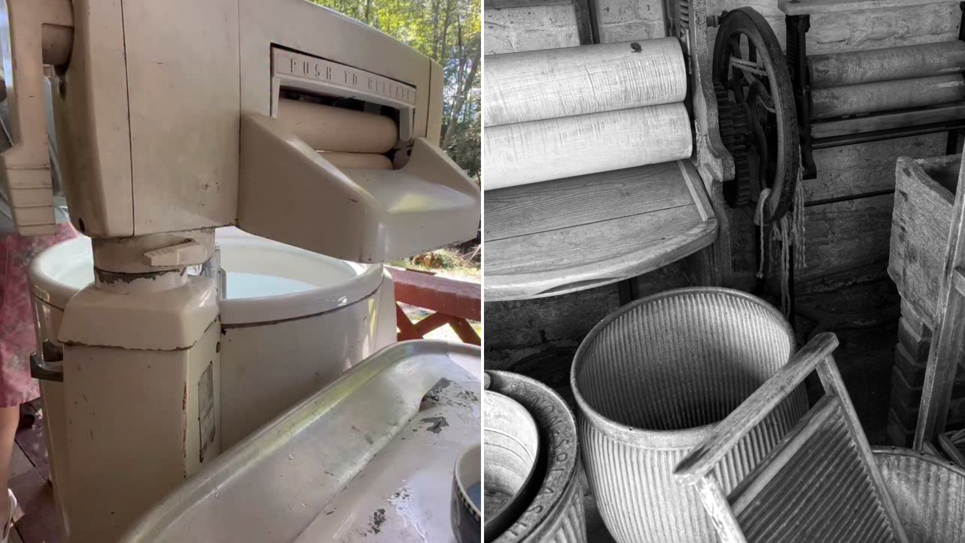 Left: cover still from an Instagram reel by @mudcreekmemories. Right: vintage laundry equipment with a wringer and washboard (Unsplash photo by Matthew Cassidy).
