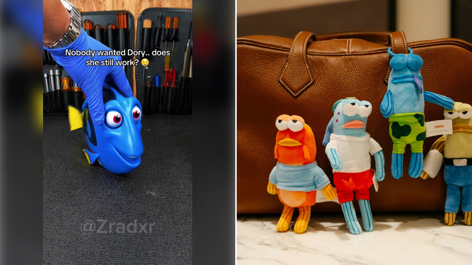 Left: cover still from a TikTok video by @zradxr. Right: colorful plush toys in front of a brown leather bag (Unsplash photo by David Kristianto).