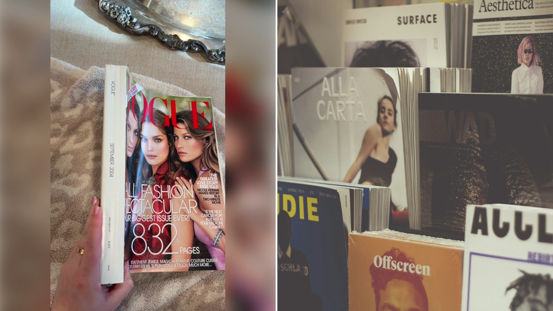 Left: cover still from a TikTok video by @theobjectsgirl. Right: stacked magazines and records (Unsplash photo by Rita Morais).