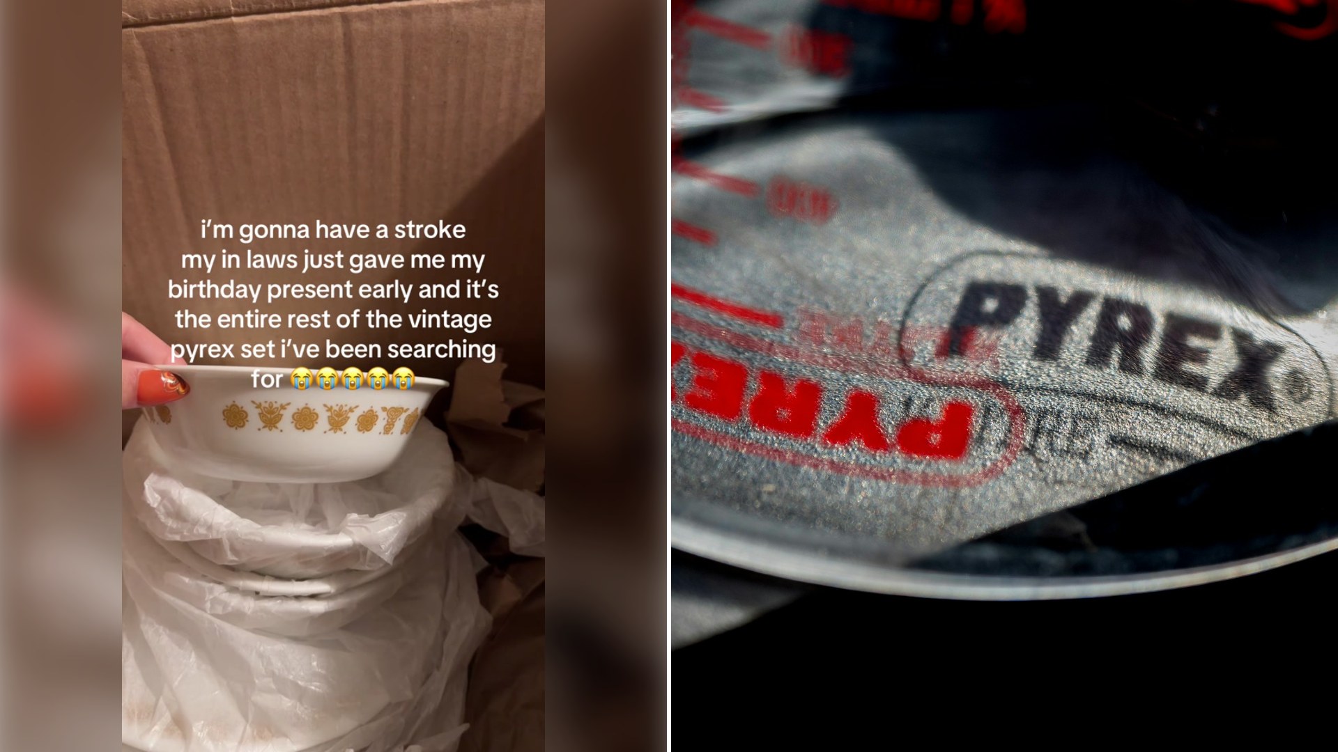 Left: cover still from a TikTok video by @ughitshails. Right: a dish with the Pyrex logo (Unsplash photo by Brett Jordan).