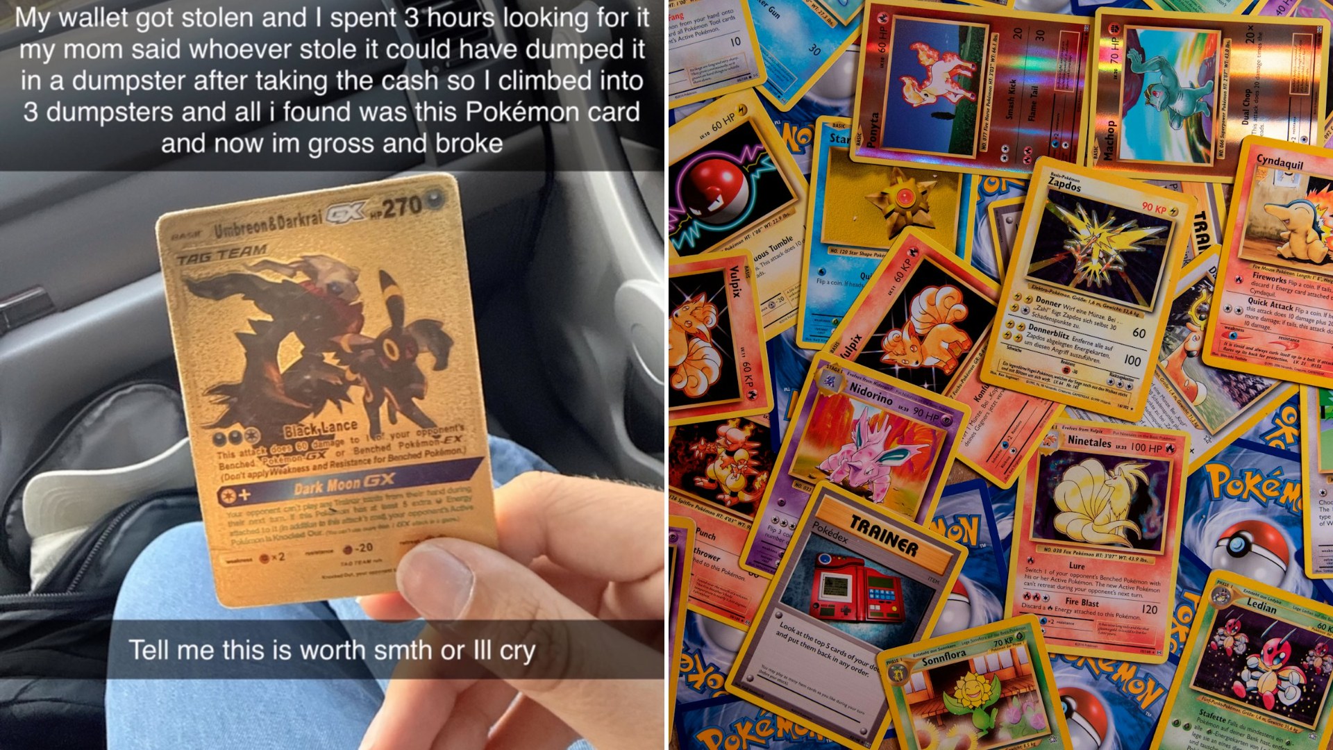Left: cover still from an Instagram reel by @emmy.mabess. Right: Pokémon trading cards scattered on a surface (Unsplash photo by Thimo Pedersen).