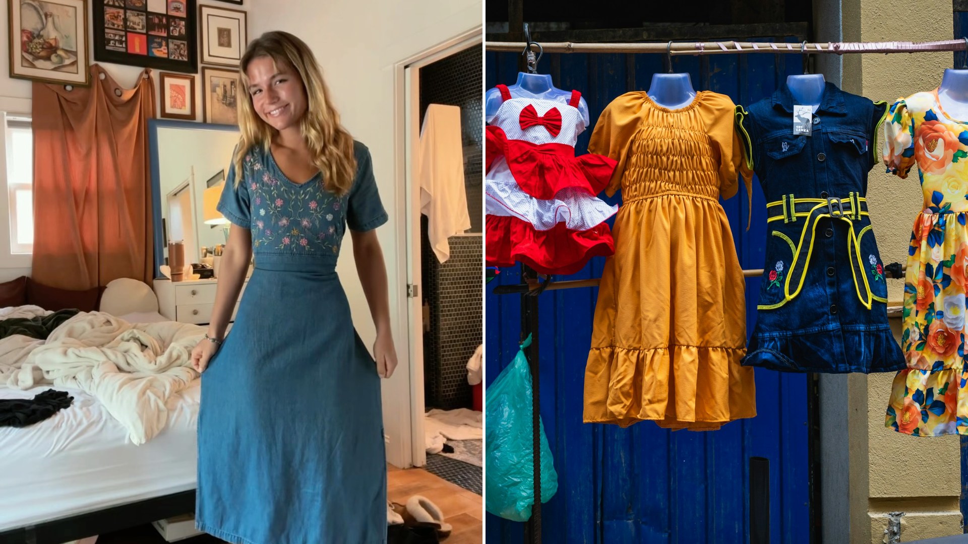 Left: cover still from an Instagram reel by @marley_lemon. Right: colorful dresses on hangers against a blue wall (Unsplash photo by Thilina Alagiyawanna).