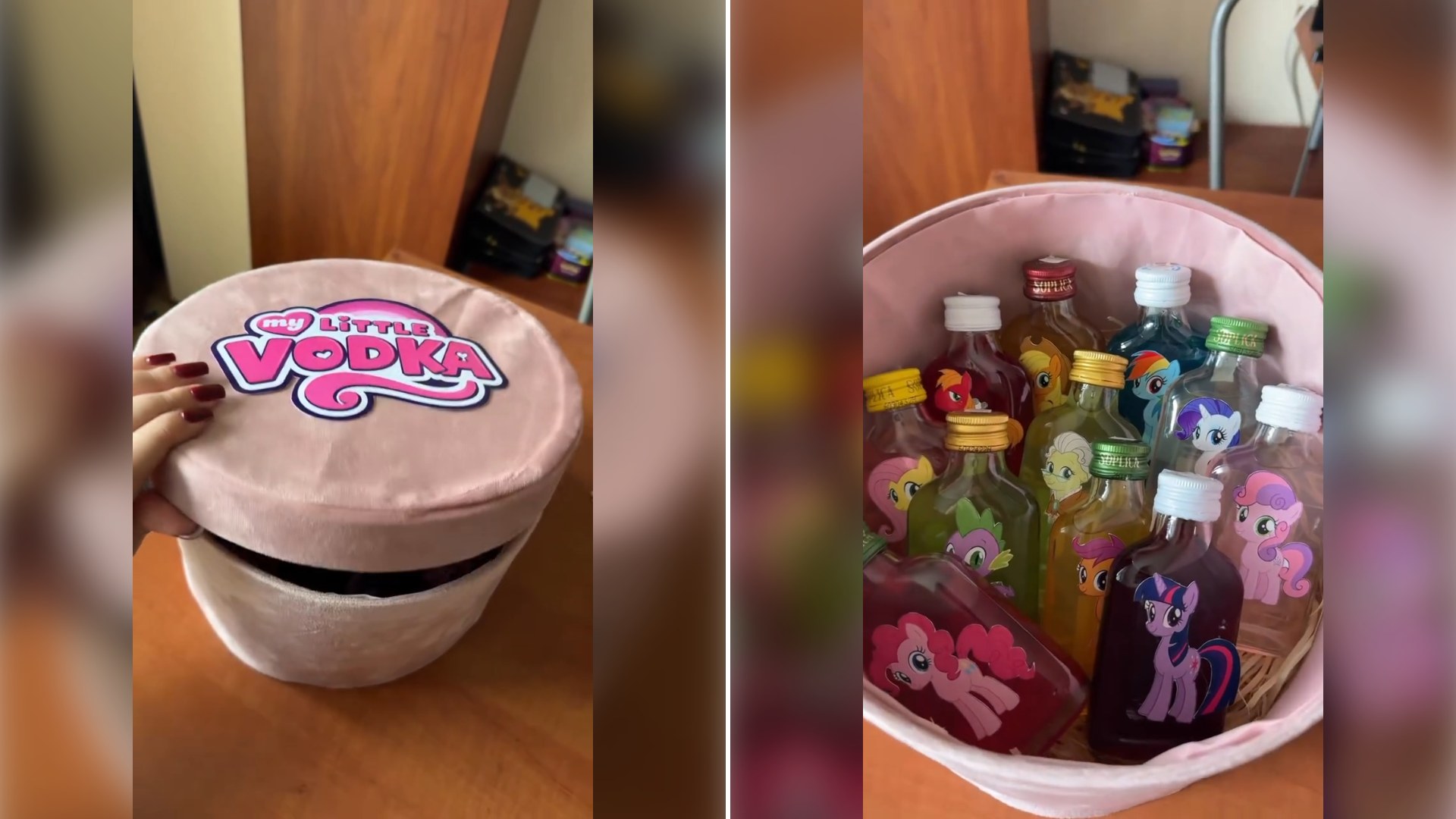 A Pink Velvet Hat Box Hides an Unexpected Collection of Mini Vodka Bottles Wearing My Little Pony Labels