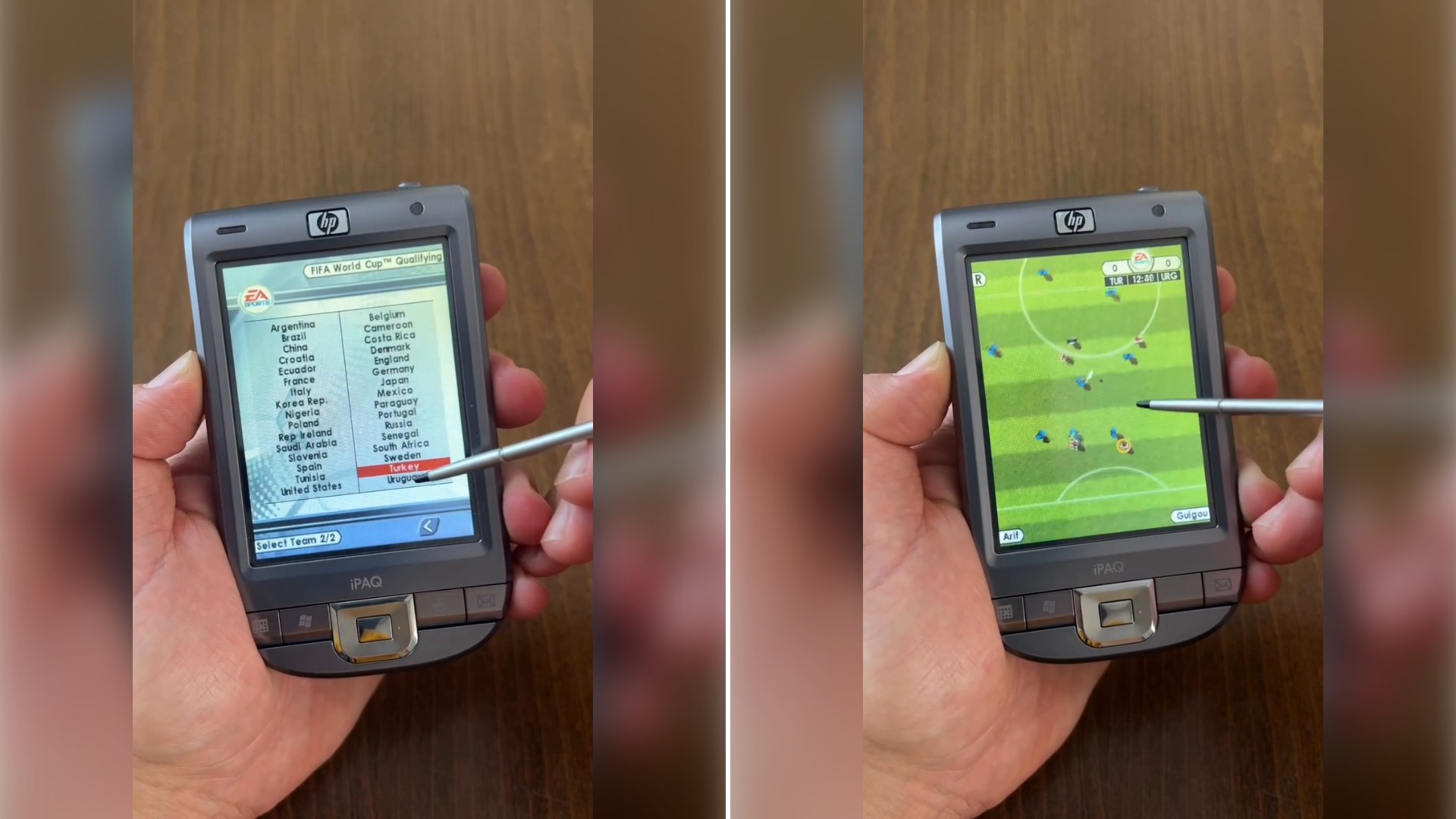 A Stylus-Operated Vintage HP iPAQ PDA Gets Fired Up to Play a Mobile Version of FIFA 2002