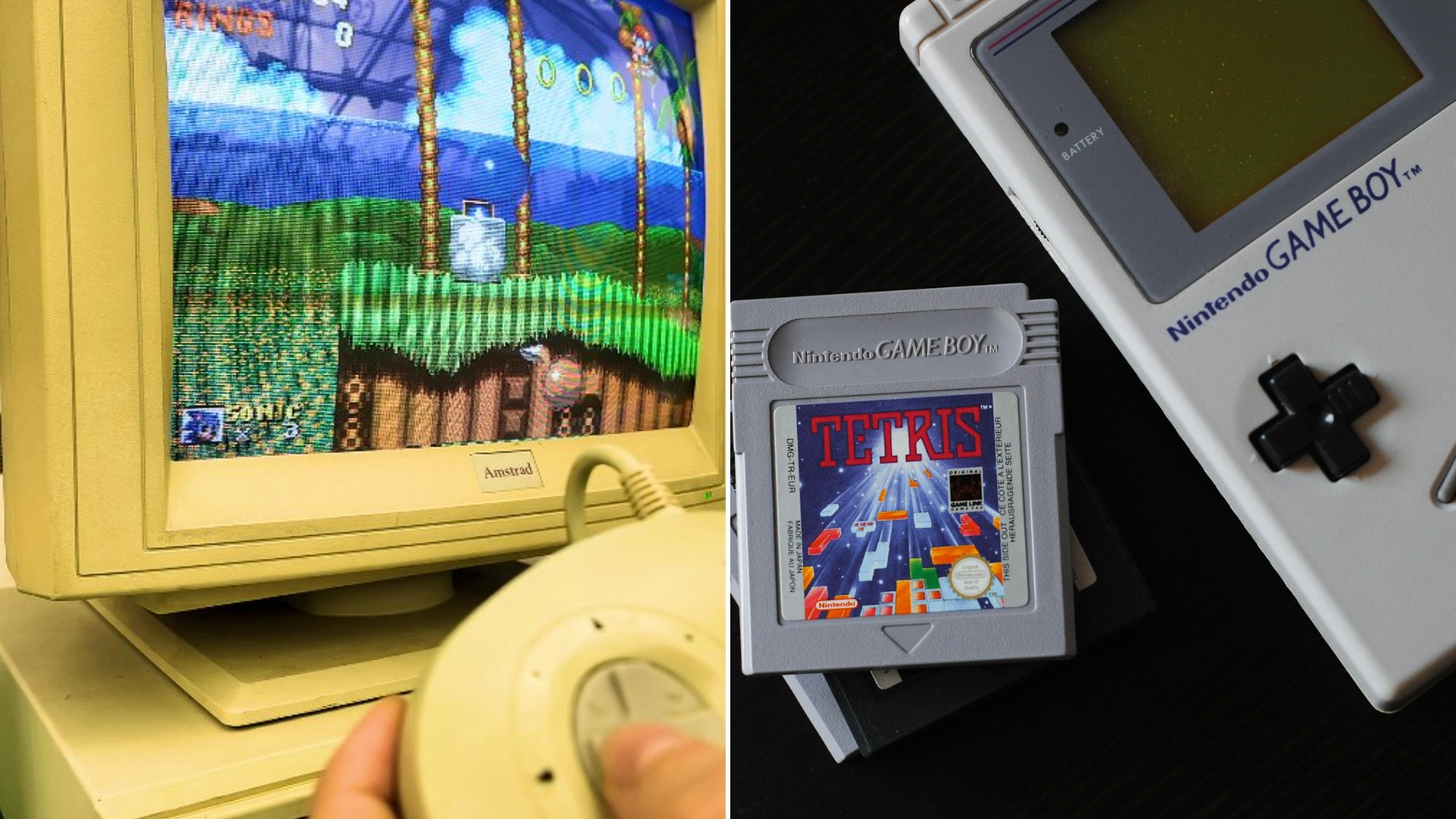 Left: cover still from an Instagram reel by @nostalgianerd. Right: a white Nintendo Game Boy (Unsplash photo by Nik).