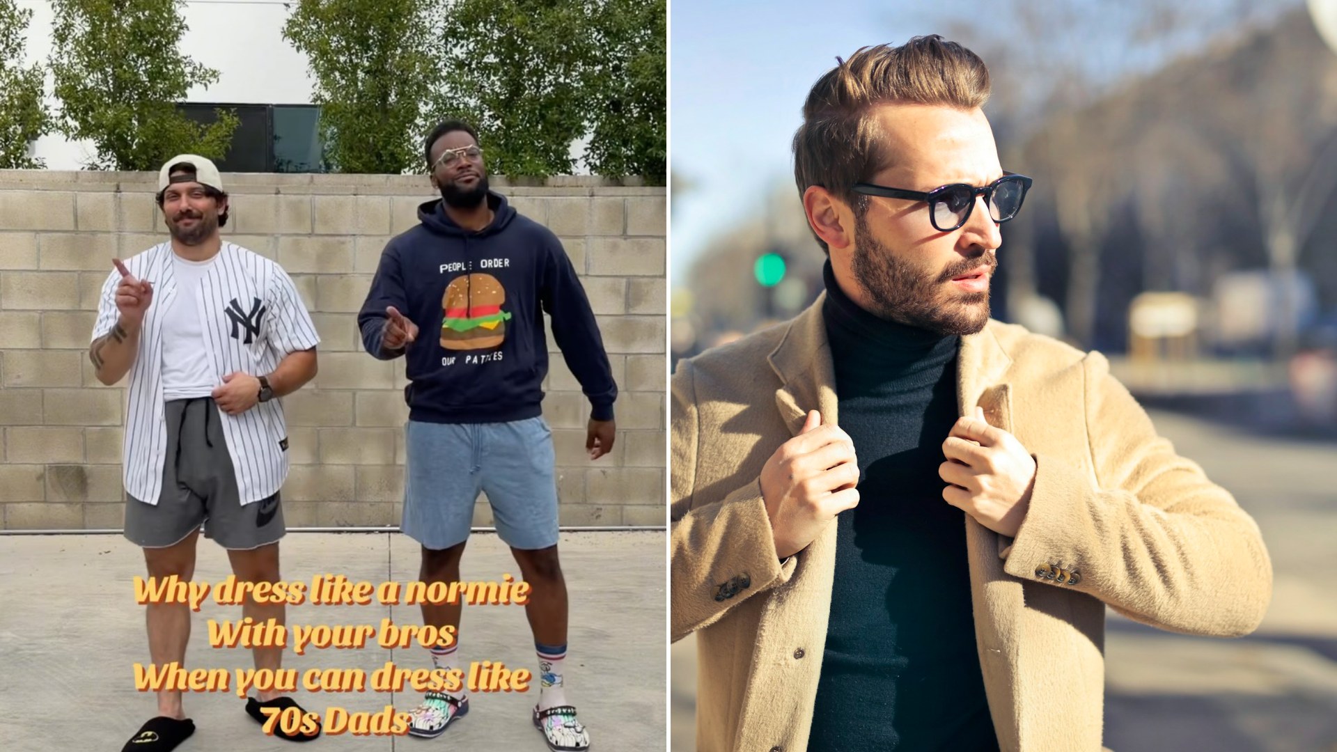 Left: cover still from an Instagram reel by @liifelikejay. Right: a man in a tan jacket and glasses (Unsplash photo by bruce mars).