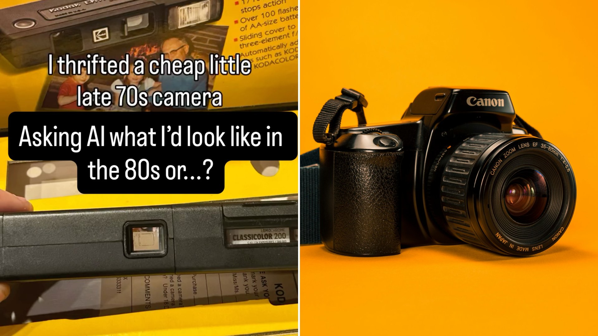 Left: cover still from an Instagram reel by @malloryheartsyou. Right: a Canon camera on a yellow background (Unsplash photo by Paul Gaudriault).