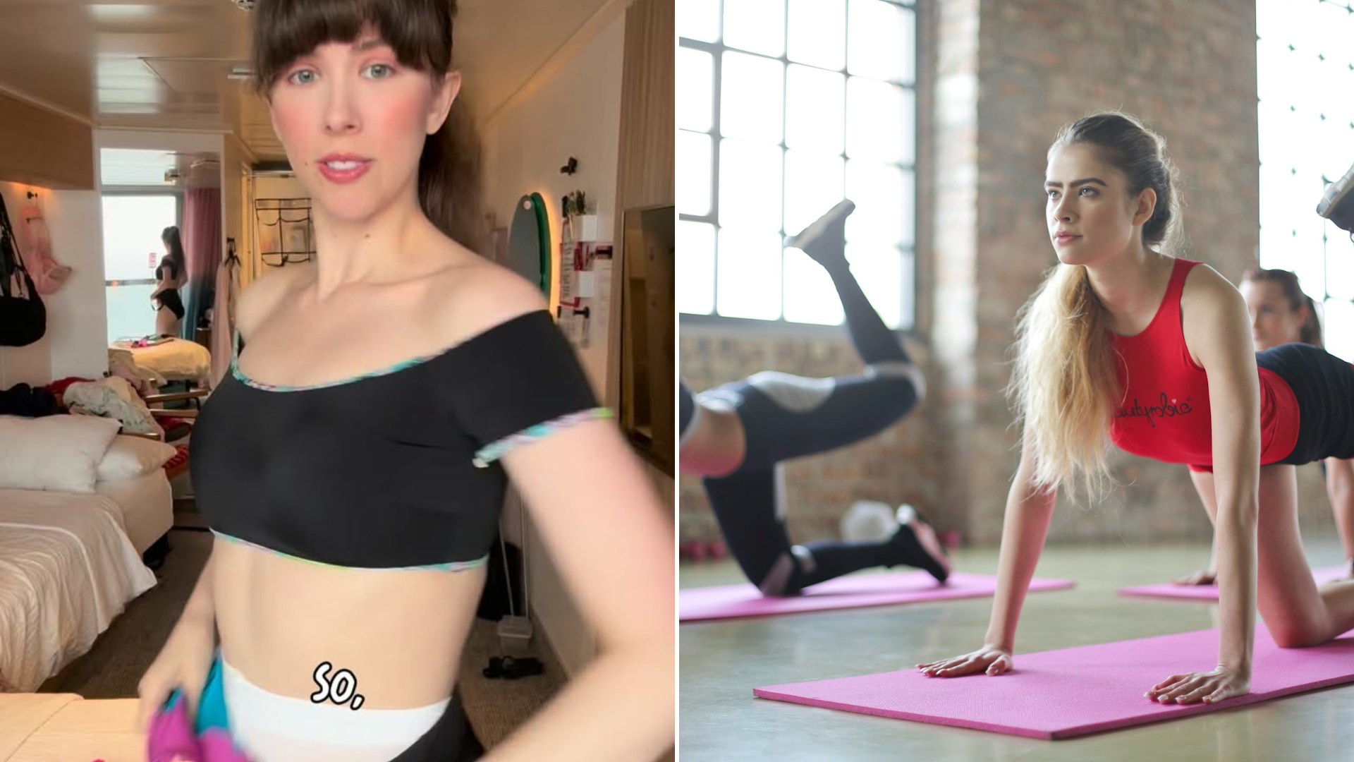 Left: cover still from an Instagram reel by @asta.darling. Right: a woman exercising on a pink mat (Unsplash photo by bruce mars).