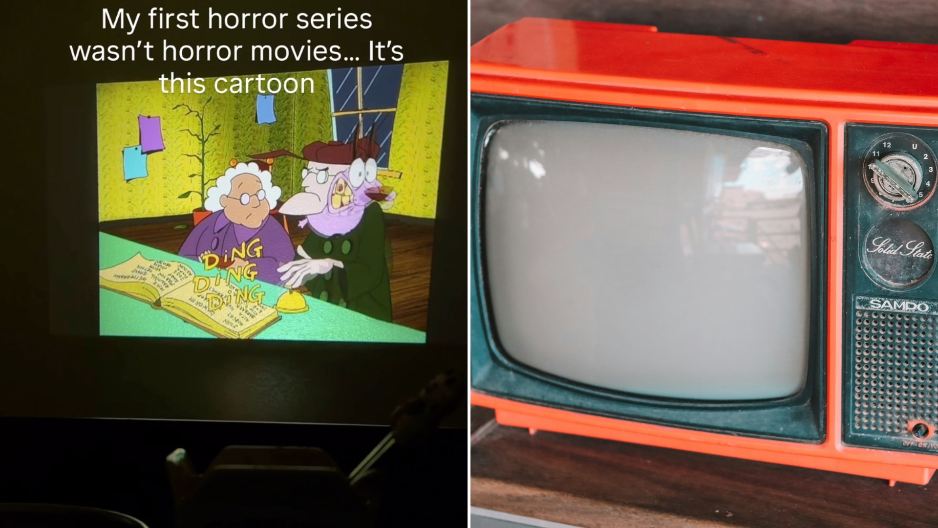 Left: cover still from an Instagram reel by @hesa_diaries. Right: a red and black CRT television (Unsplash photo by Dave Weatherall).
