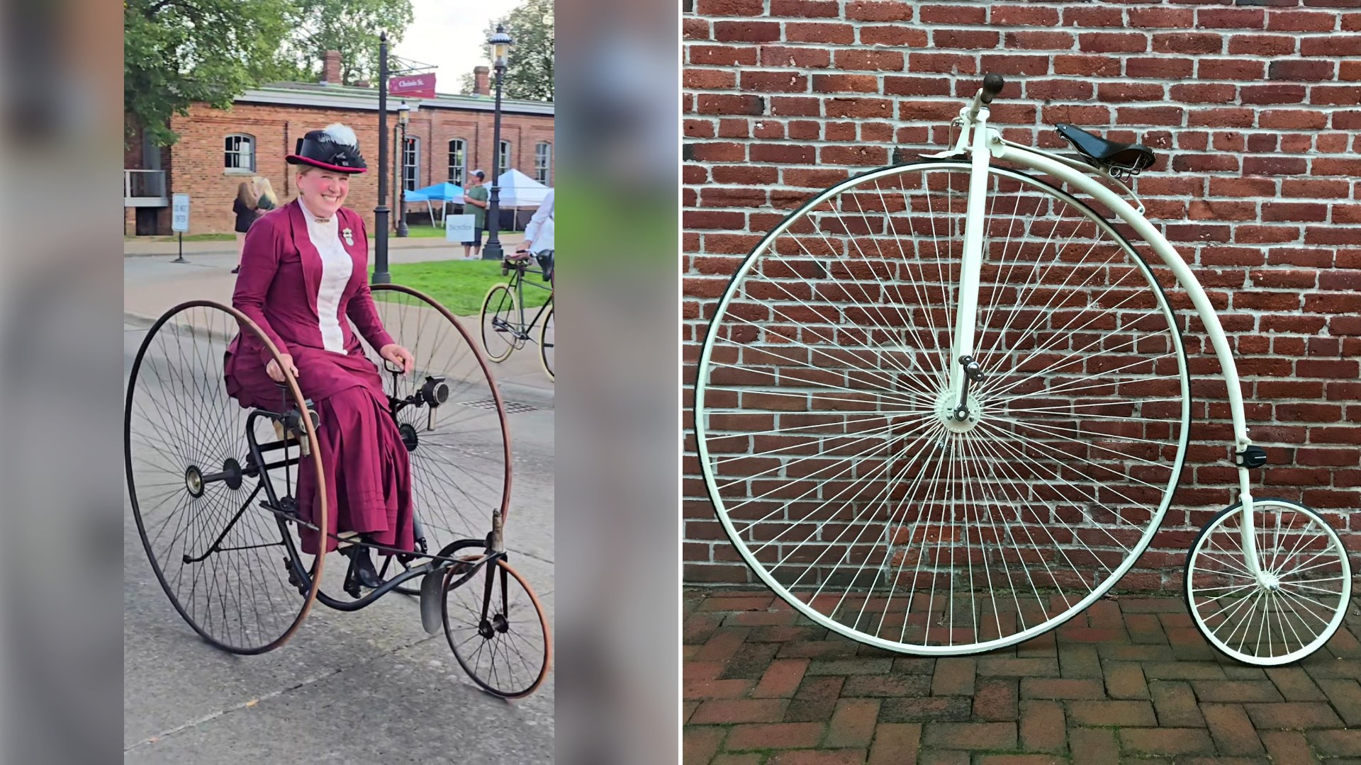 Left: cover still from a TikTok video by @caseyfaitel. Right: a penny-farthing bicycle against a brick wall (Unsplash photo by Greg Boll).
