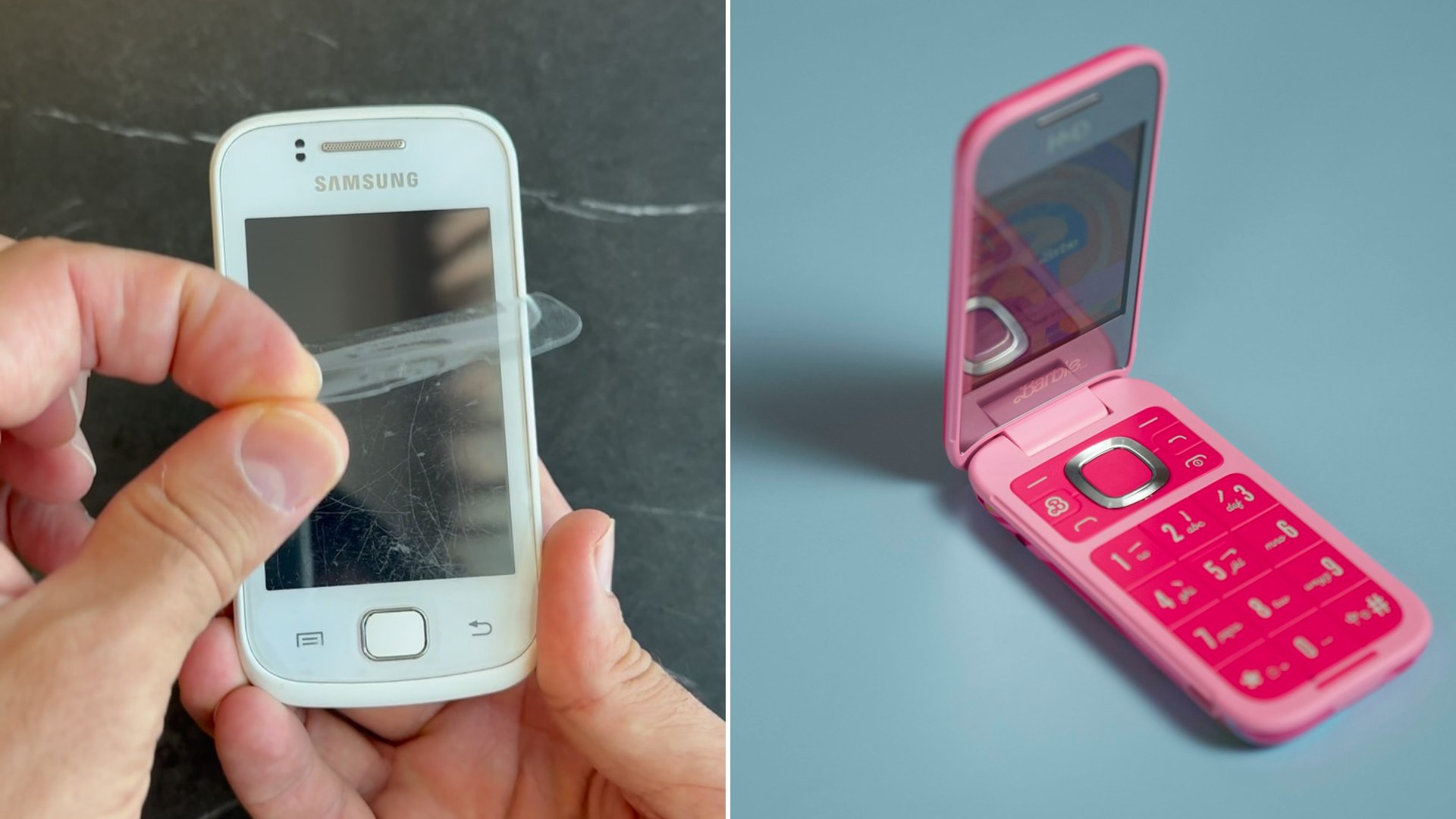 Left: cover still from an Instagram reel by @titovman. Right: a pink flip phone (Unsplash photo by Amanz).