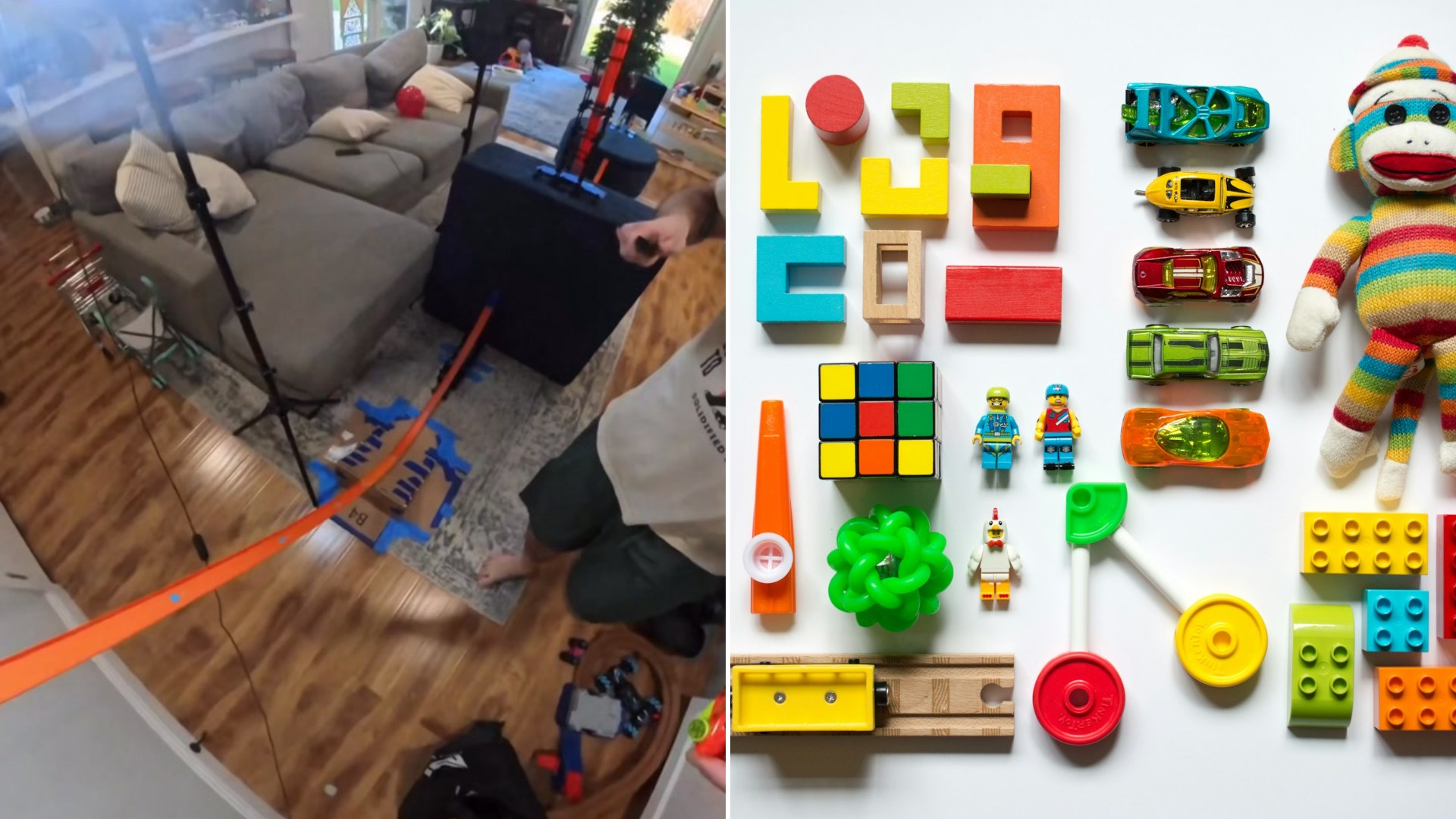 A First-Person Hot Wheels Track Winds Through an Entire Living Room for a Toy Car’s High-Speed Run