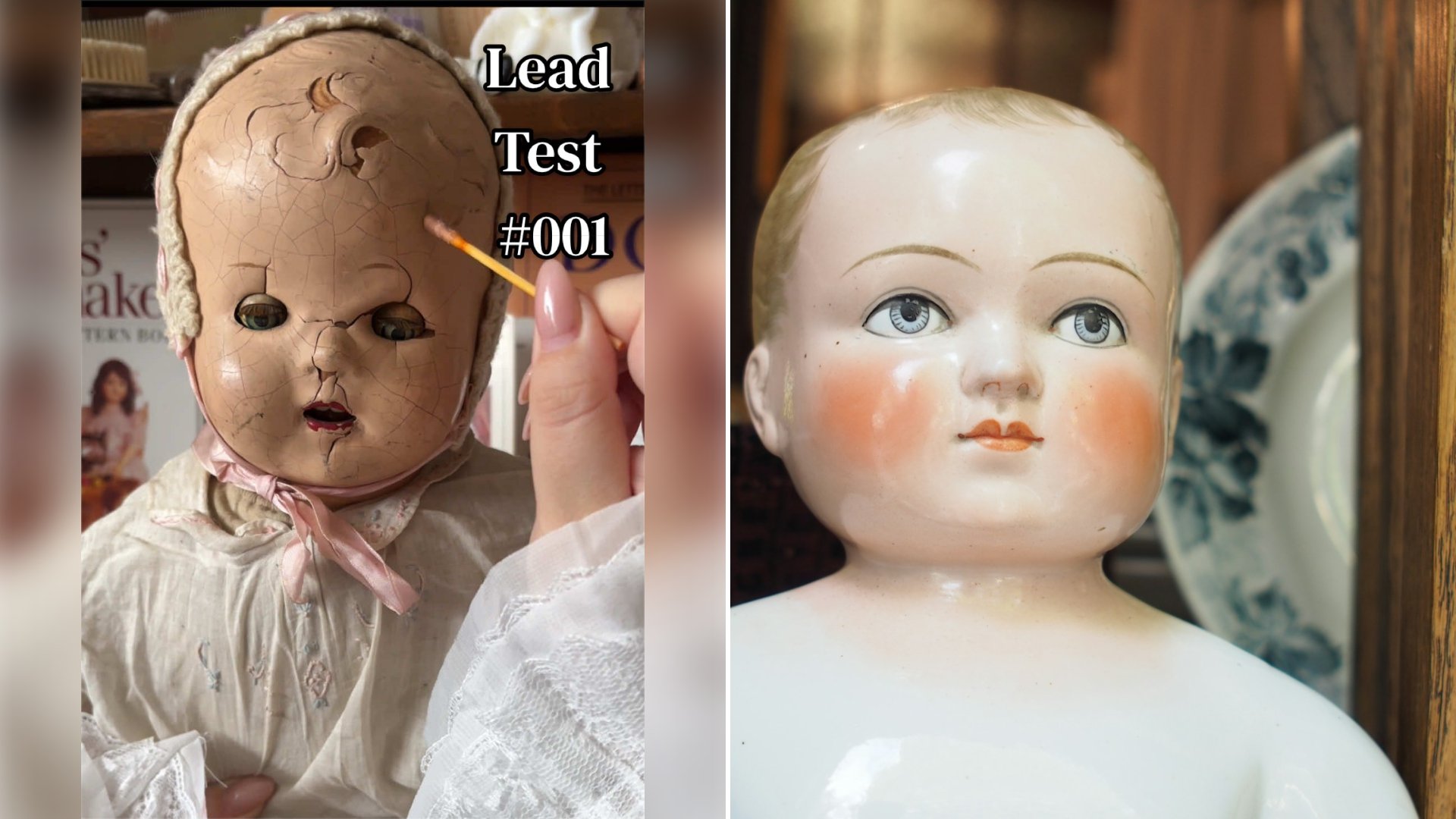 Left: cover still from a TikTok video by @soulmori. Right: the head of a china doll in a junk shop (Unsplash photo by bruno neurath-wilson).