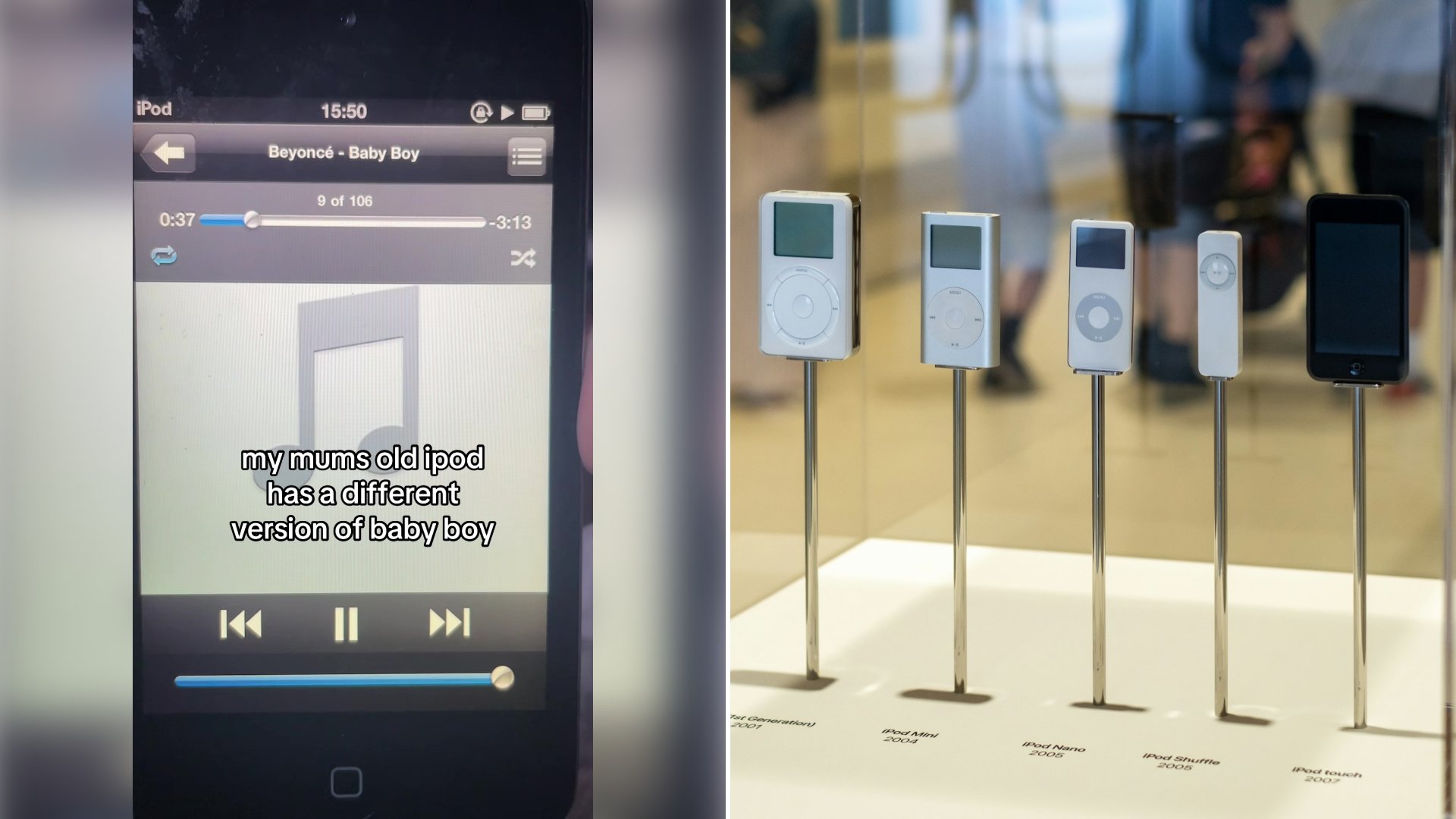 Left: cover still from a TikTok video by @whereistaran. Right: a display of various iPod models (Unsplash photo by David Klein).
