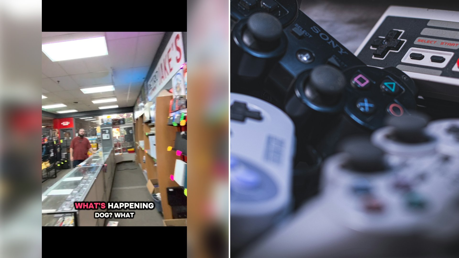 Left: cover still from an Instagram reel by @retrojakesvideogames. Right: a close-up of video game controllers (Unsplash photo by Enrique Guzmán Egas).