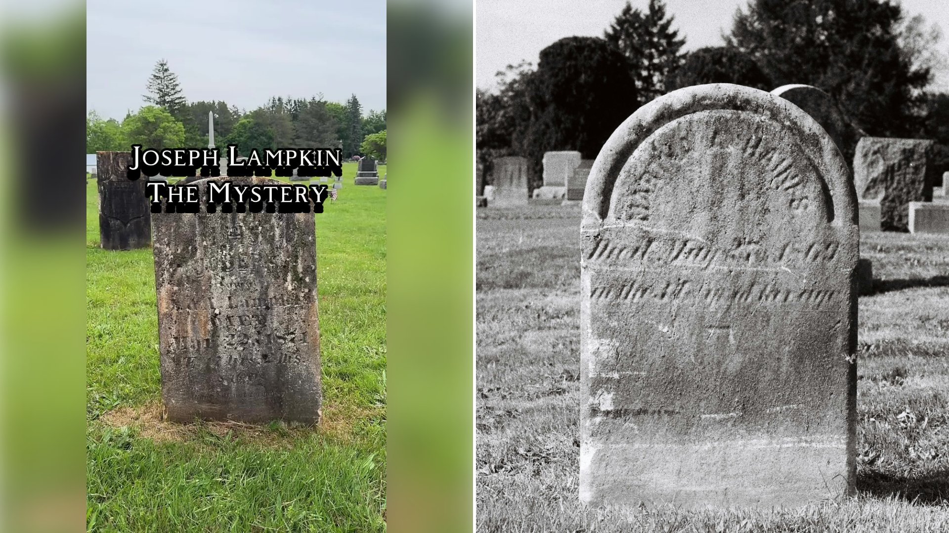 Left: cover still from a TikTok video by @crazycemeterylady. Right: an old worn headstone in a cemetery (Unsplash photo by E. Vitka).