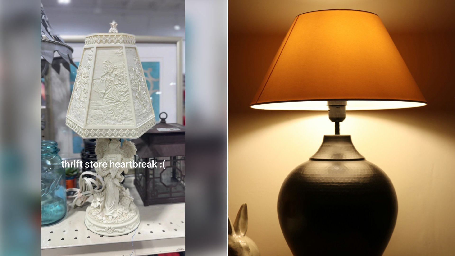 Left: cover still from a TikTok video by @keelystagg. Right: a black and brown table lamp (Unsplash photo by Monty Allen).