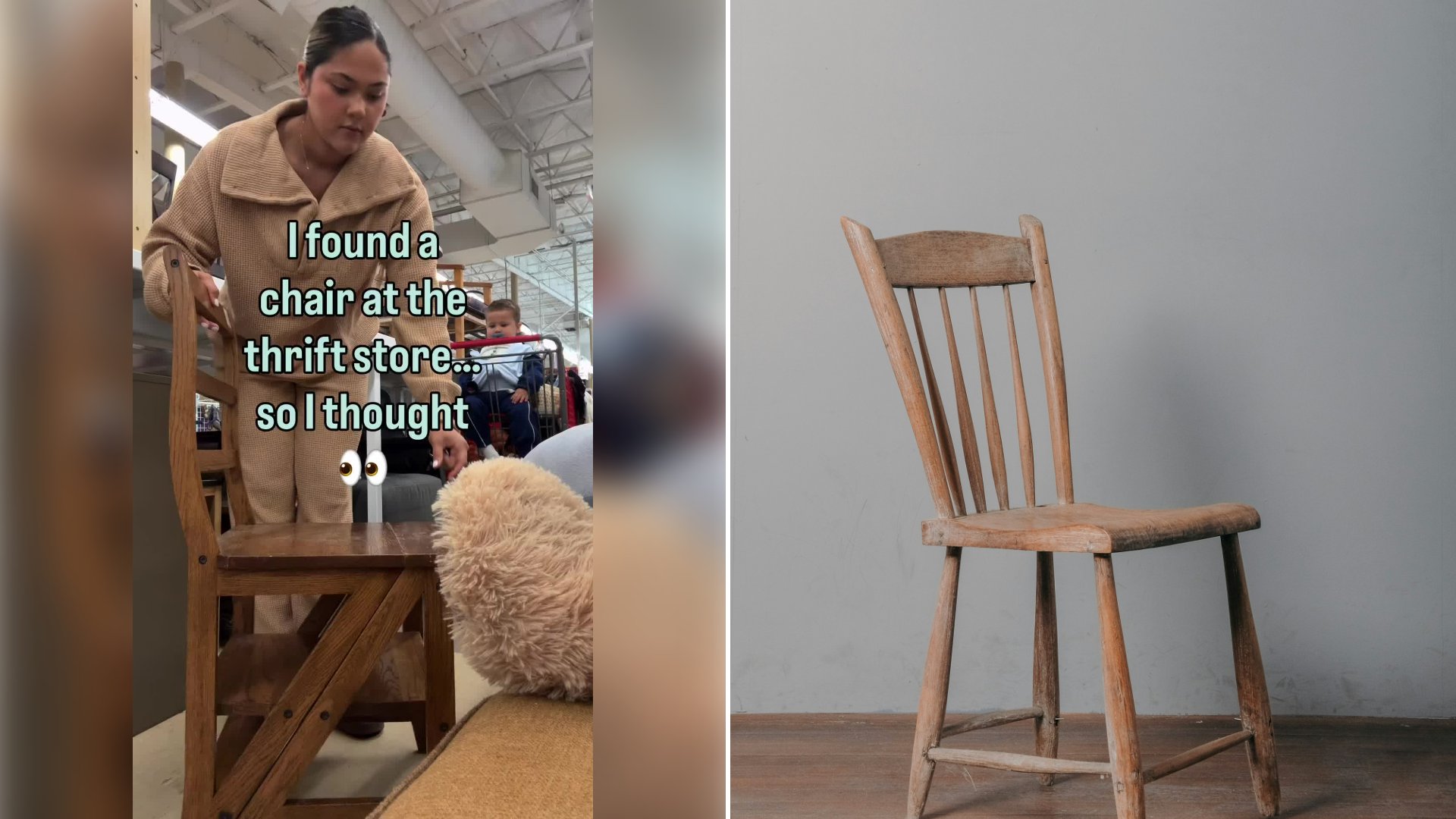 Thrifter Lifts a Wooden Chair Off the Shelf, Flips the Seat Back Forward, and Realizes Mid-Reaction That the Whole Piece Unfolds Into a Four Step Library Ladder