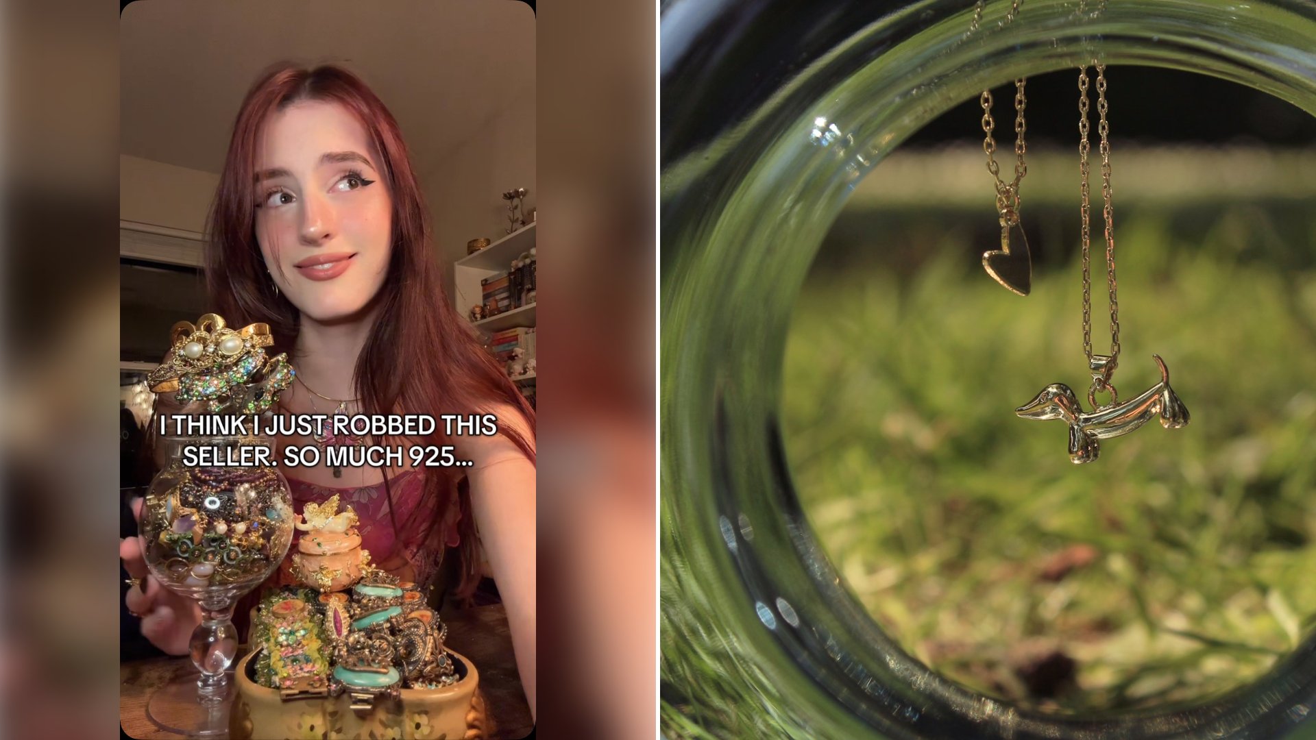 Left: cover still from an Instagram reel by @. Right: Two pendant necklaces hanging inside a clear glass vase (Unsplash photo by cyann gala).