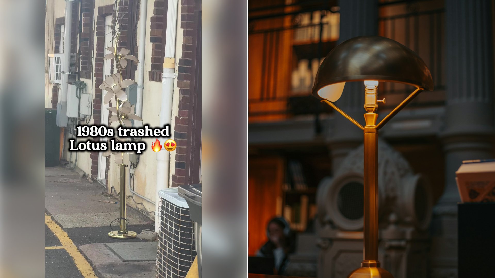 Left: cover still from a TikTok video by @8tracktape. Right: A vintage brass desk lamp glowing in a library (Unsplash photo by Oleksii Rozanov).