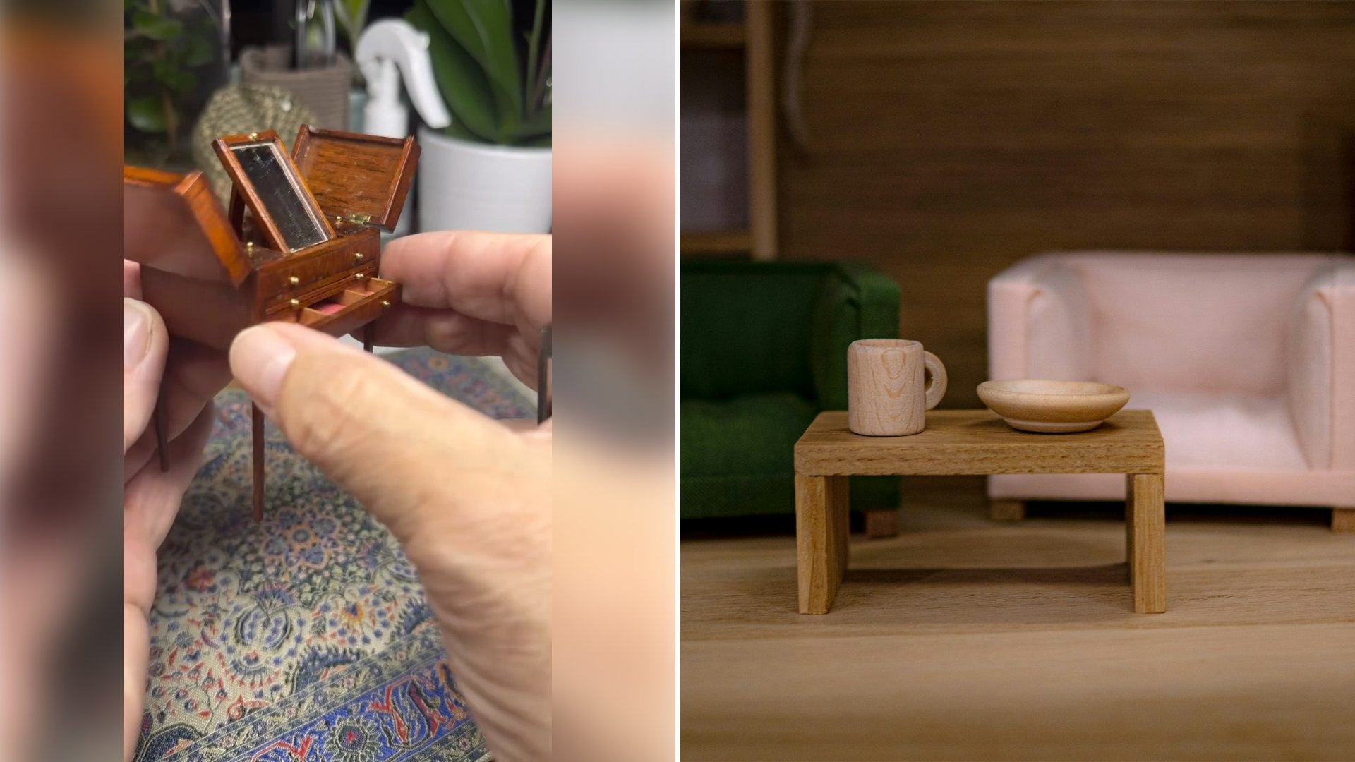 Left: cover still from an Instagram reel by @. Right: Miniature wooden furniture with a tiny mug and bowl on a table (Unsplash photo by Ludek Pytloun).