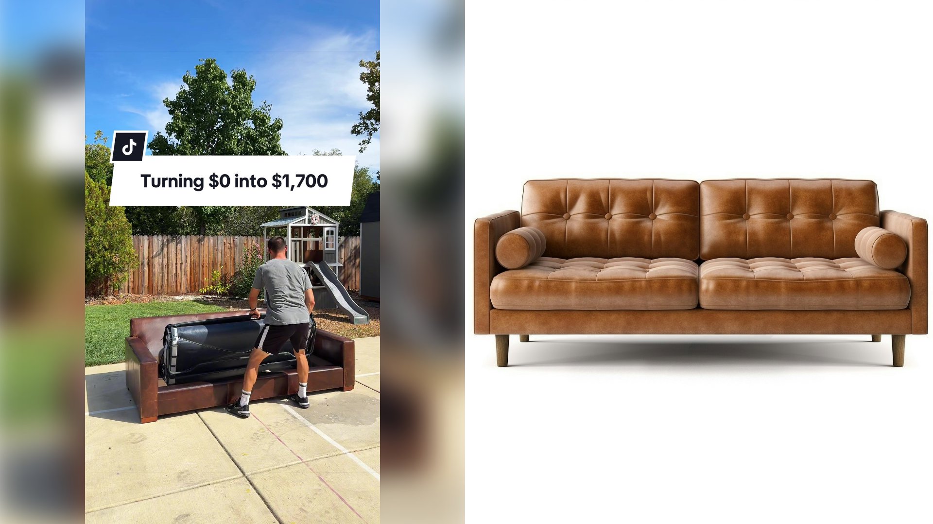 Left: cover still from a TikTok video by @flipthatcouch_. Right: A brown leather sofa on a plain white background (Unsplash photo by personalgraphic.com).