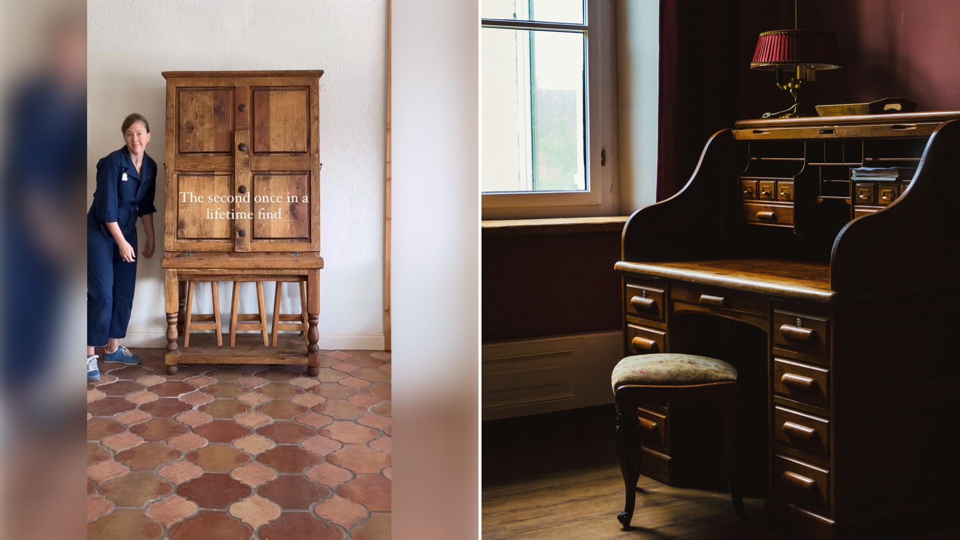 Left: cover still from an Instagram reel by @. Right: An antique brown wooden secretary desk with a chair (Unsplash photo by Kevin Woblick).