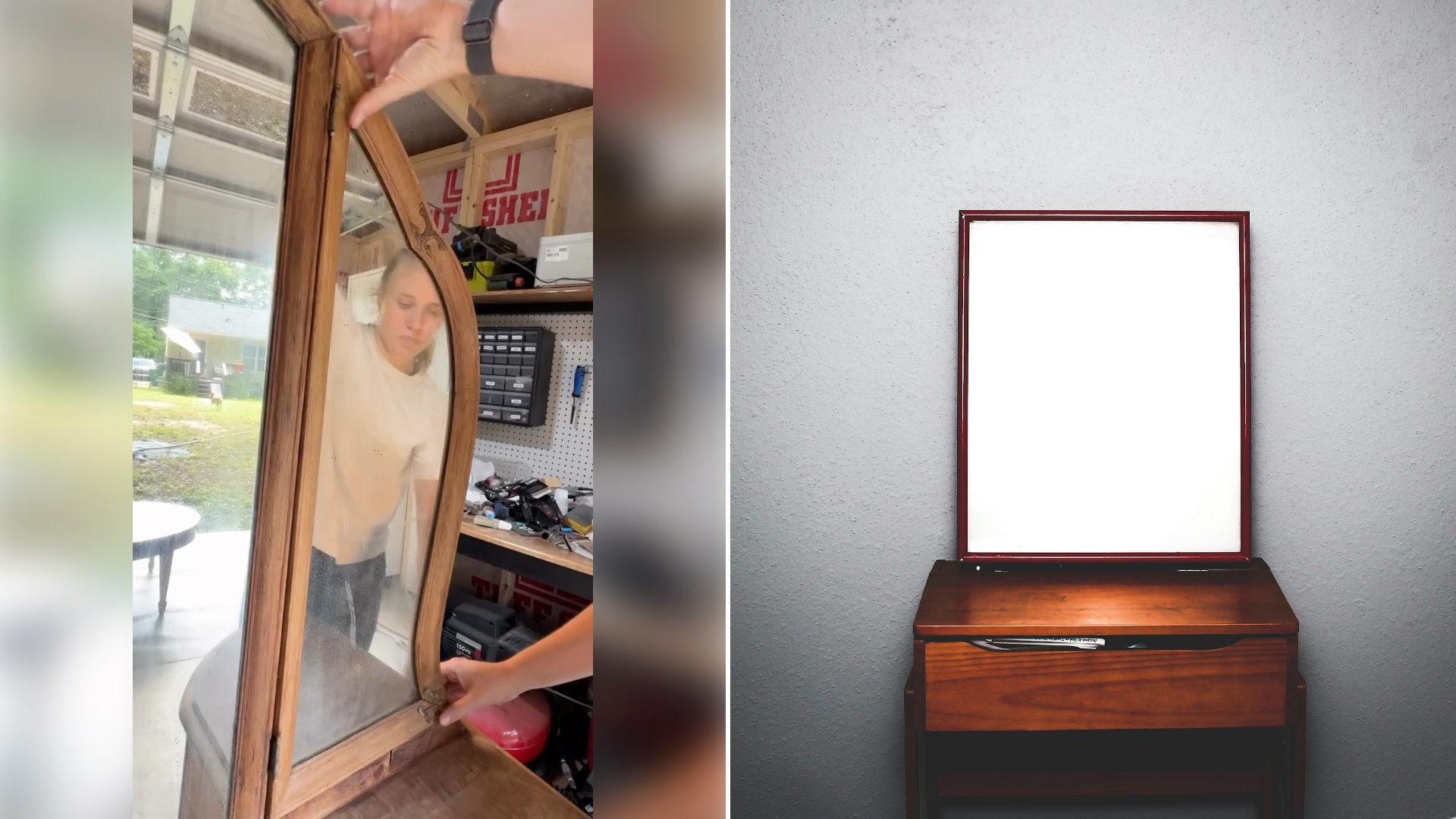 Left: cover still from an Instagram reel by @. Right: A brown wooden dresser with a mirror in a white room (Unsplash photo by Alex Lopez).