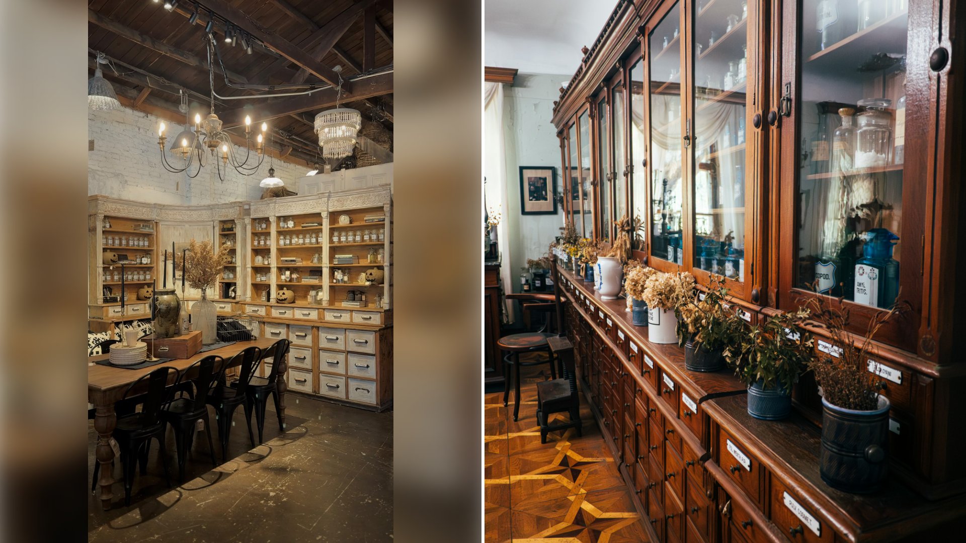 Left: cover still from an Instagram reel by @. Right: An antique wooden apothecary cabinet with small drawers and glass jars (Unsplash photo by camera obscura).