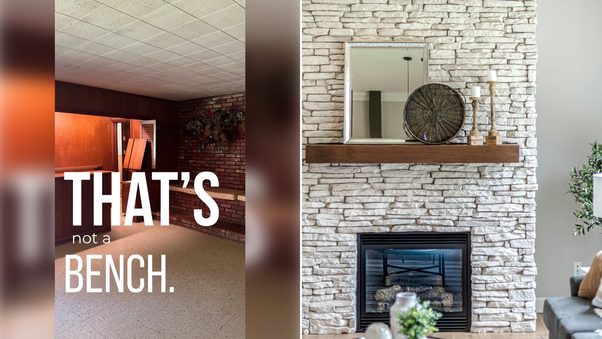 Left: cover still from an Instagram reel by @. Right: A black fireplace set into a brown brick wall (Unsplash photo by Mike Gattorna).