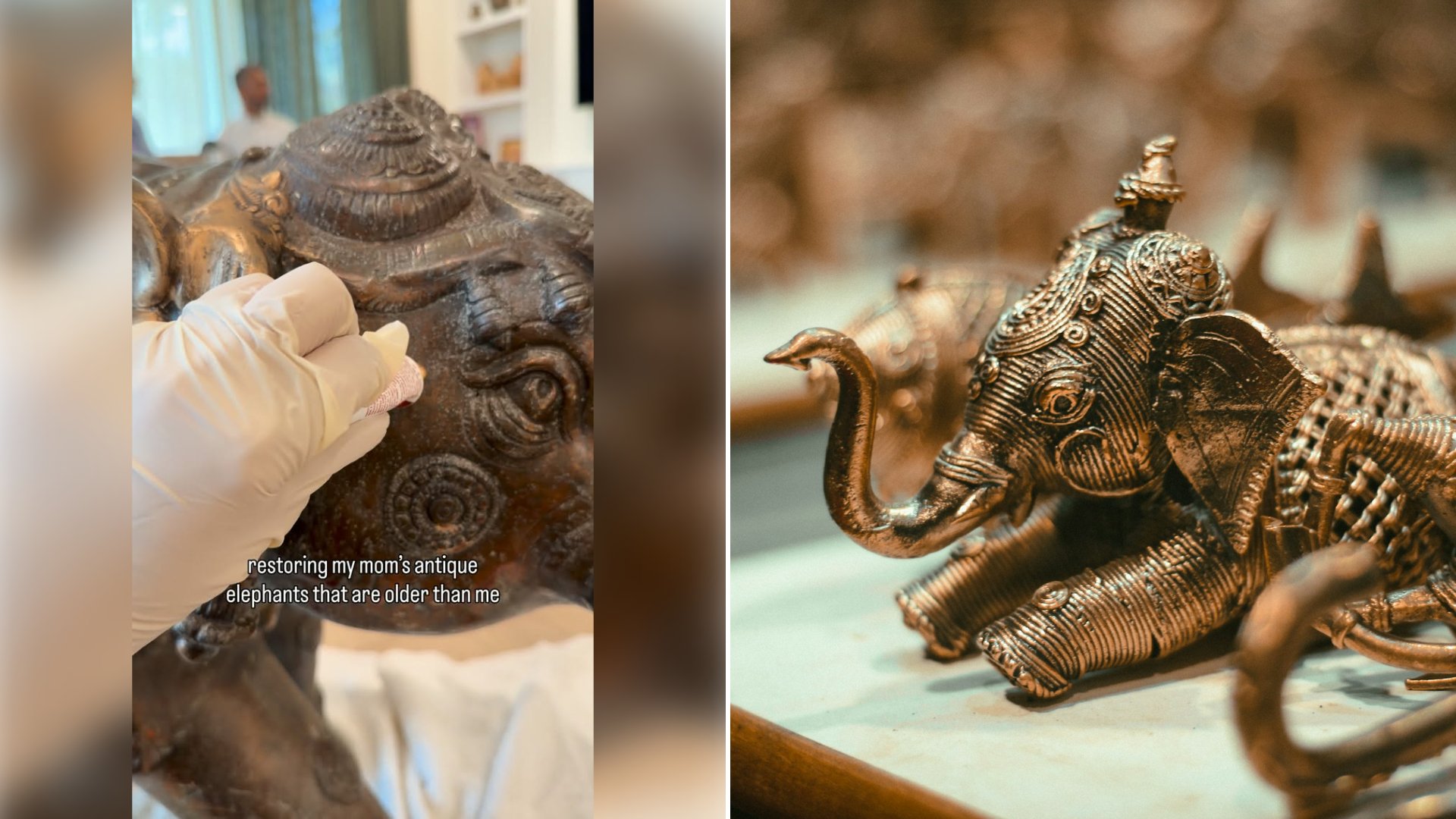 Left: cover still from an Instagram reel by @. Right: Close-up of a small elephant figurine standing on a table (Unsplash photo by Omkar Sahoo).