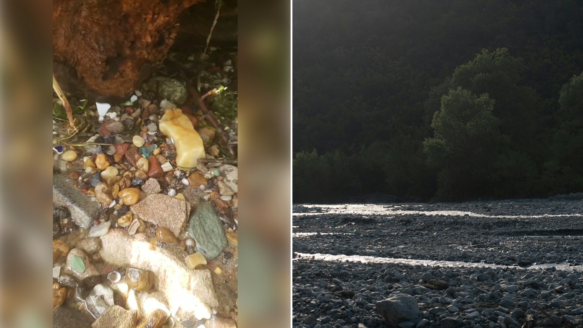 Left: cover still from an Instagram reel by @. Right: A rocky riverbed with shallow water running between dark trees (Unsplash photo by Zulfugar Karimov).