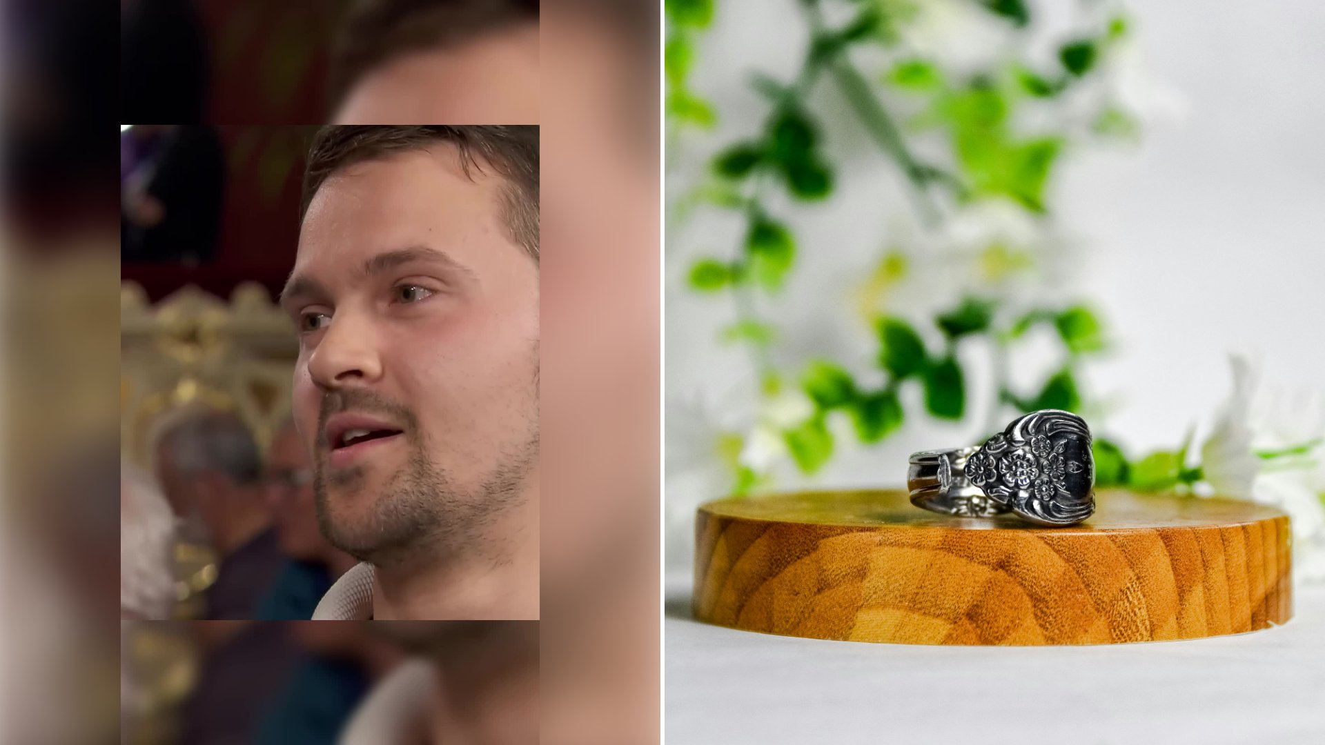 Left: cover still from a TikTok video by @antiquefinds.co. Right: A silver ring with a dark stone resting on a wooden disc, with blurred greenery behind (Unsplash photo by Ian Hernandez).