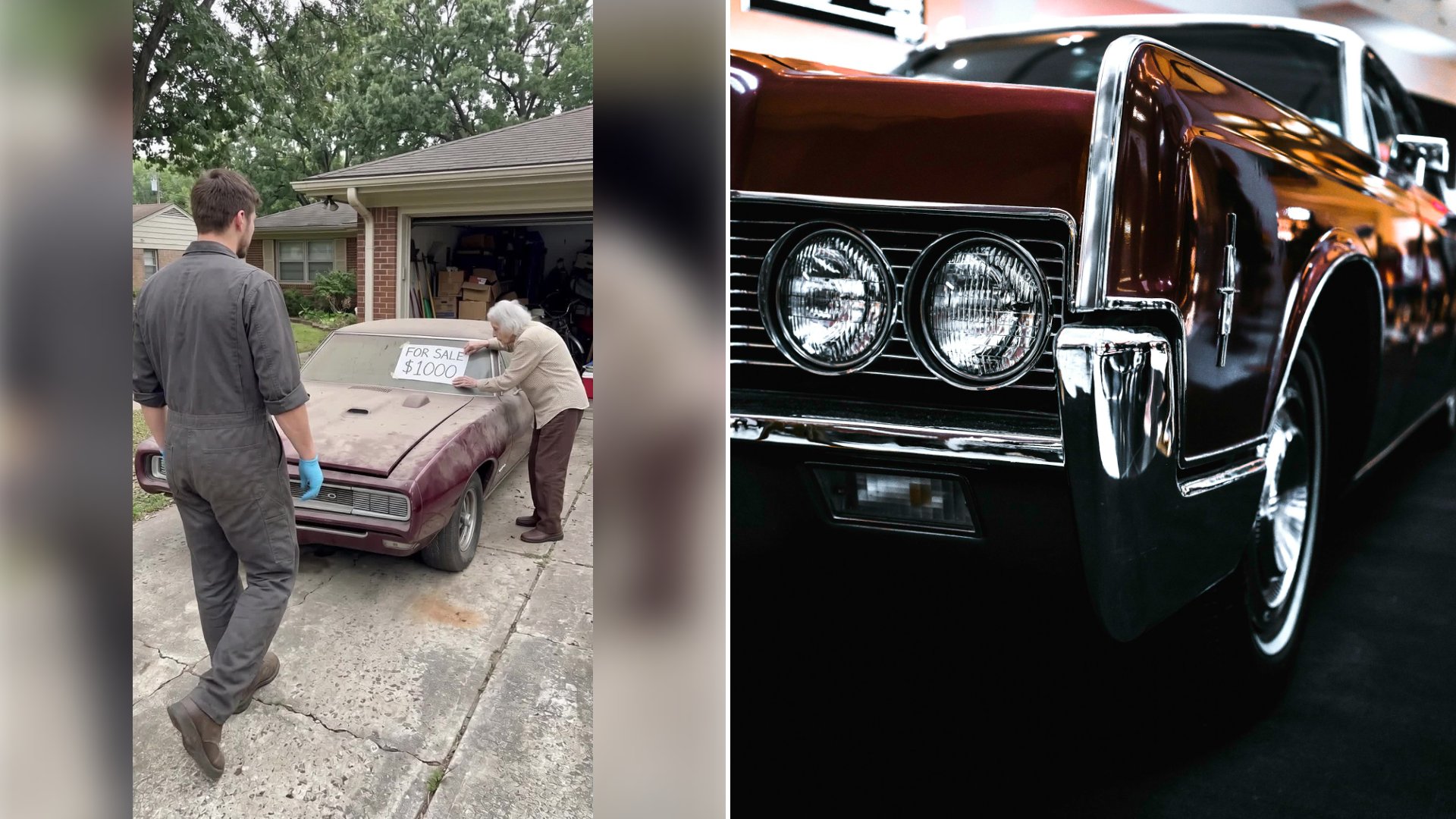 Left: cover still from a TikTok video by @stories.tyler. Right: Close-up of the glossy black bodywork of a shiny vintage car (Unsplash photo by Serge Kutuzov).