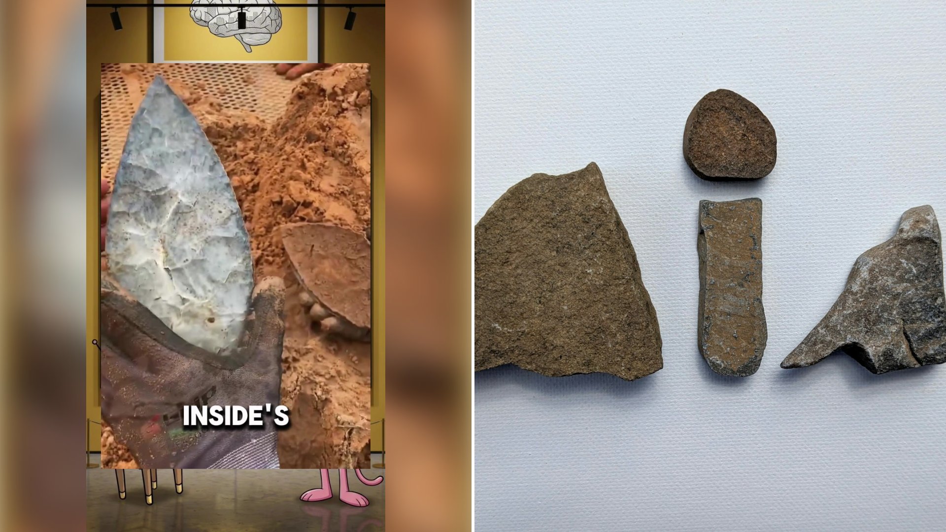 Left: cover still from a TikTok video by @dailythinkingok. Right: Several irregularly shaped brown stones on a white background (Unsplash photo by Anna Khromova).