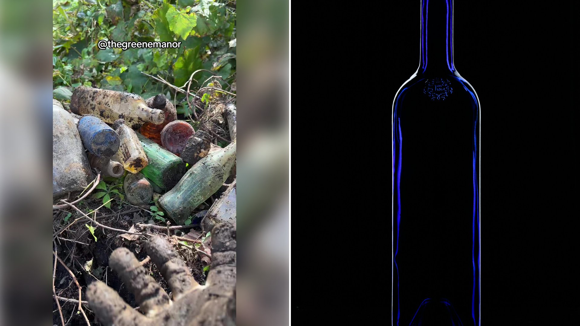 Left: cover still from a TikTok video by @thegreenemanor. Right: A blue glass bottle standing on a table against a dark background (Unsplash photo by Mike).