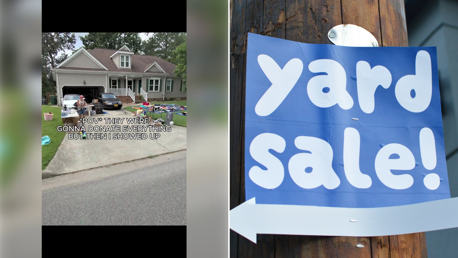 Left: cover still from a TikTok video by @thriftors. Right: A blue yard sale sign attached to a wooden pole (Unsplash photo by Naturalist Boat).