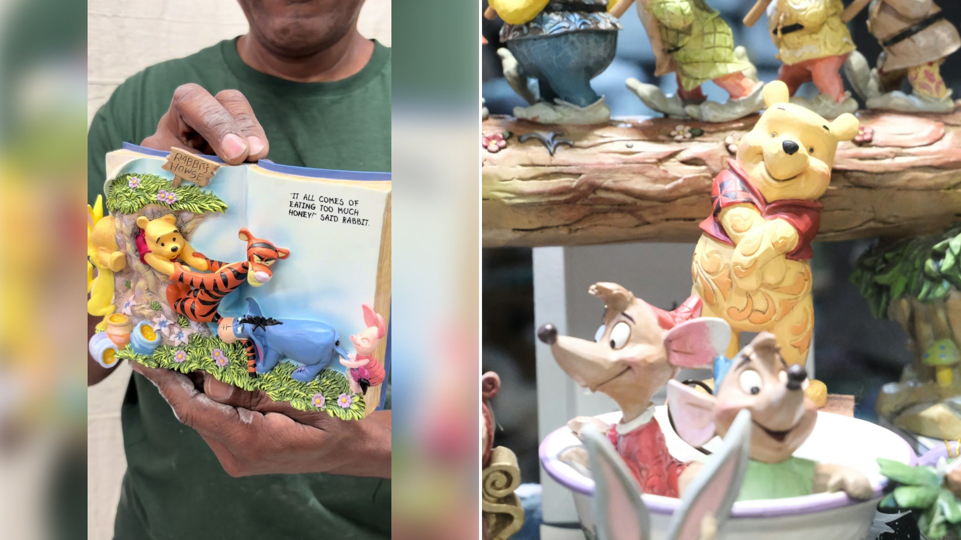 Left: cover still from a TikTok video by @sculptordudee. Right: A group of Winnie the Pooh figurines (Unsplash photo by Luna Dai).