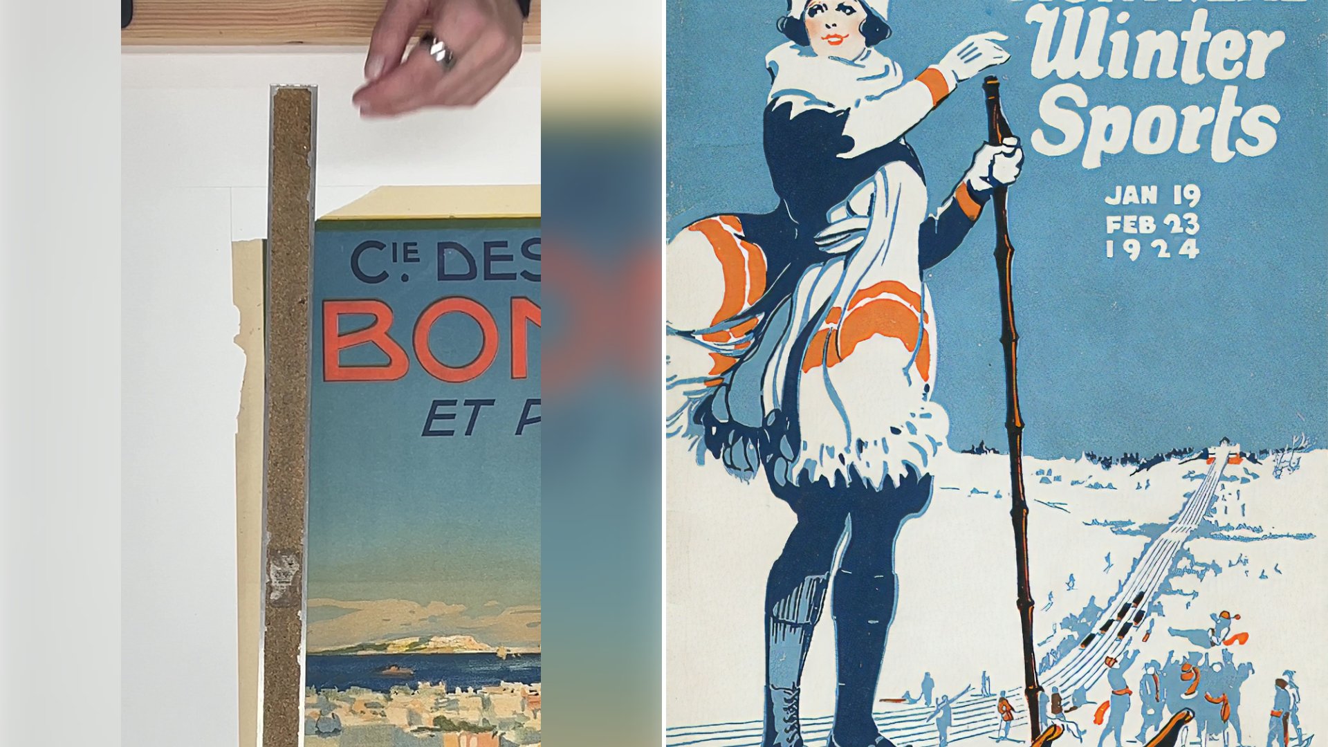 Left: cover still from a TikTok video by @posterconservation. Right: A vintage Art Deco winter sports poster of a skier in a snowy landscape (Unsplash photo by McGill Library).
