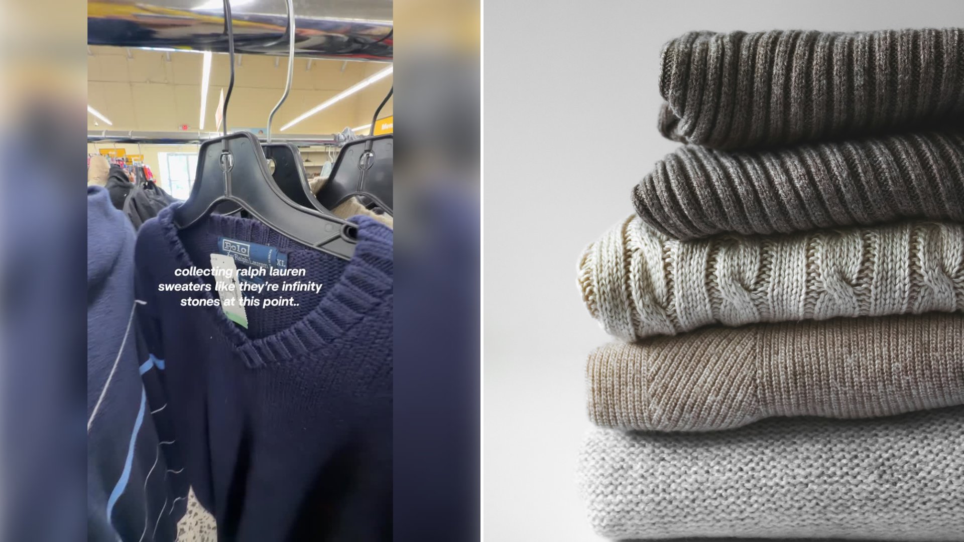 Left: cover still from an Instagram reel by @. Right: Stacked cozy knit sweaters in white and brown tones (Unsplash photo by Tijana Drndarski).