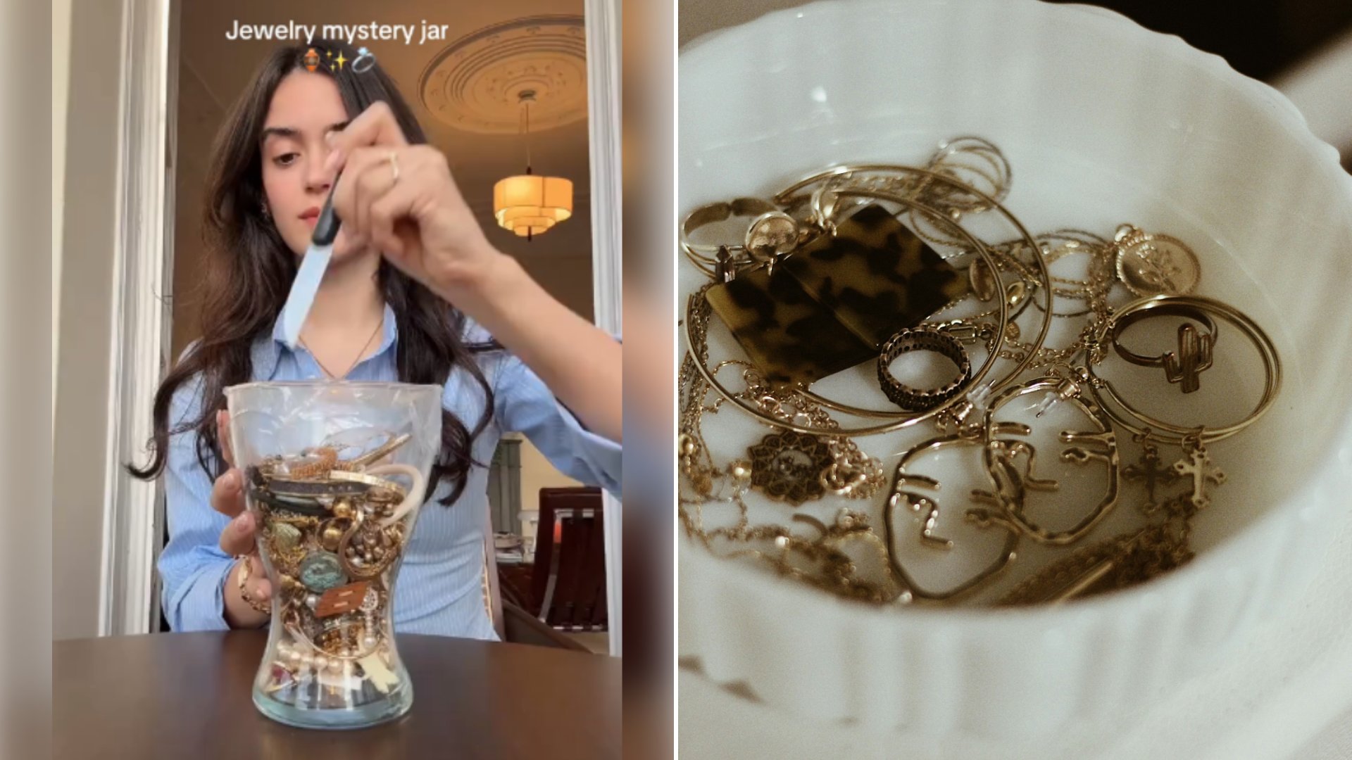 Left: cover still from a TikTok video by @79tcrpmj. Right: A container filled with a tangle of gold-colored jewelry (Unsplash photo by Karly Jones).