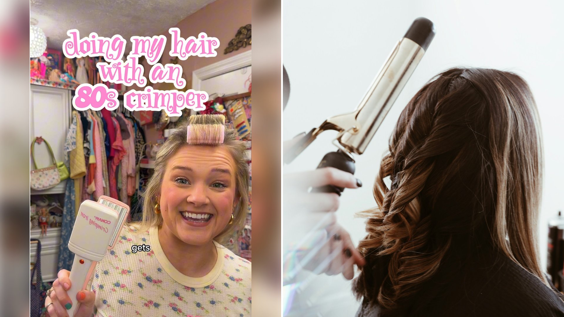 Left: cover still from a TikTok video by @shelby_lanc. Right: A hand holding a gray hair curling iron (Unsplash photo by Baylee Gramling).