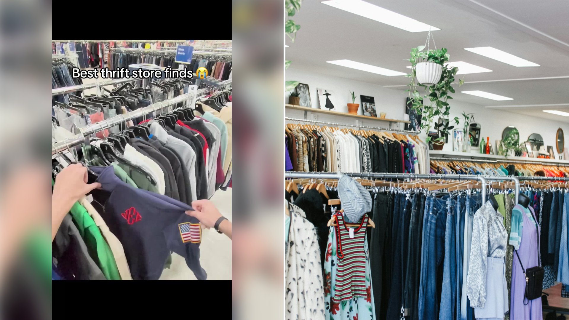 Left: cover still from a TikTok video by @karlsonlrl. Right: Assorted colorful clothes hanging on racks inside a thrift shop (Unsplash photo by Prudence Earl).